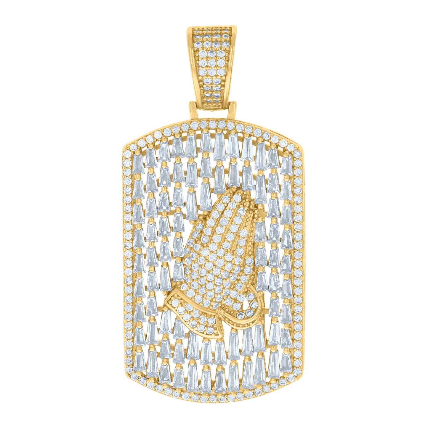 Sterling Silver Mens Baguette Round Cubic-Zirconia Praying Hands Symbol Religious Dogtag Pendant