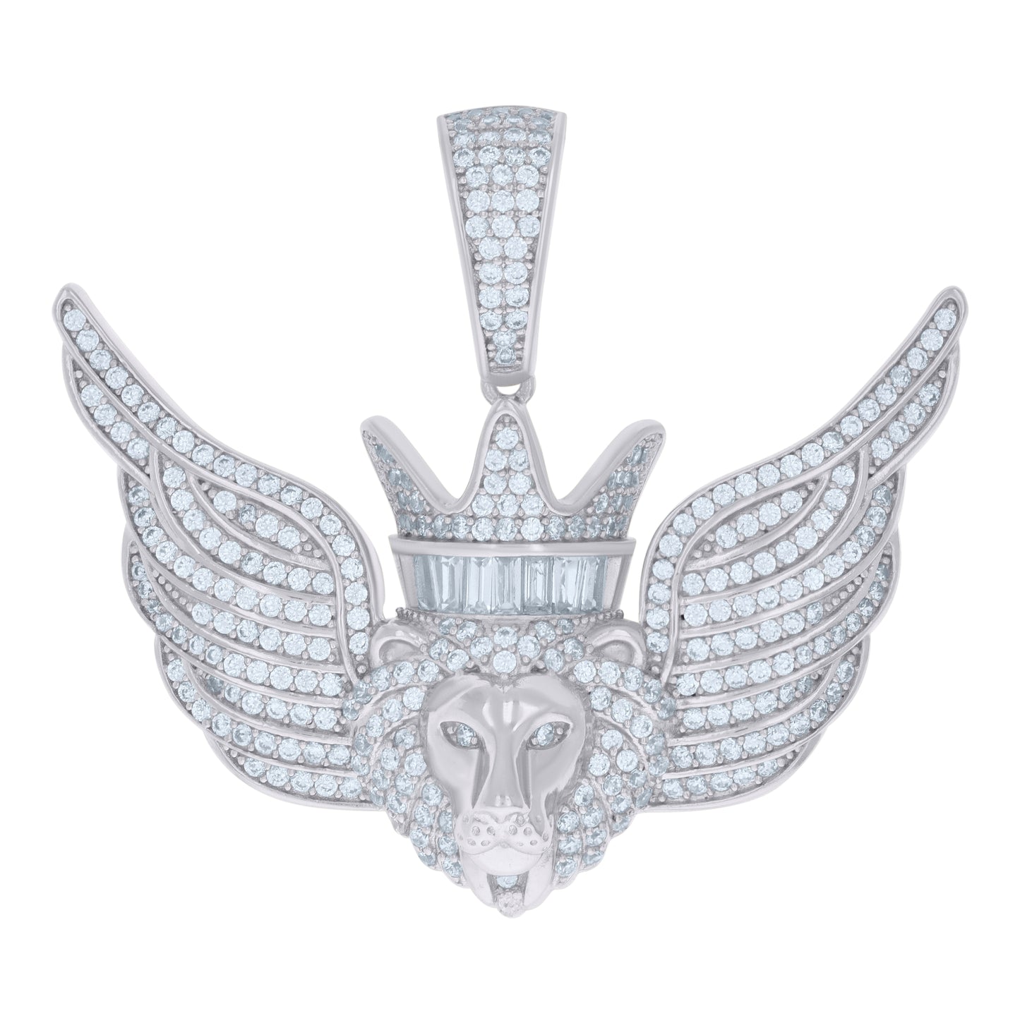 Sterling Silver Mens Baguette Round Cubic-Zirconia Flying Leo/Lion Zodiac Sign/Wildlife Pendant