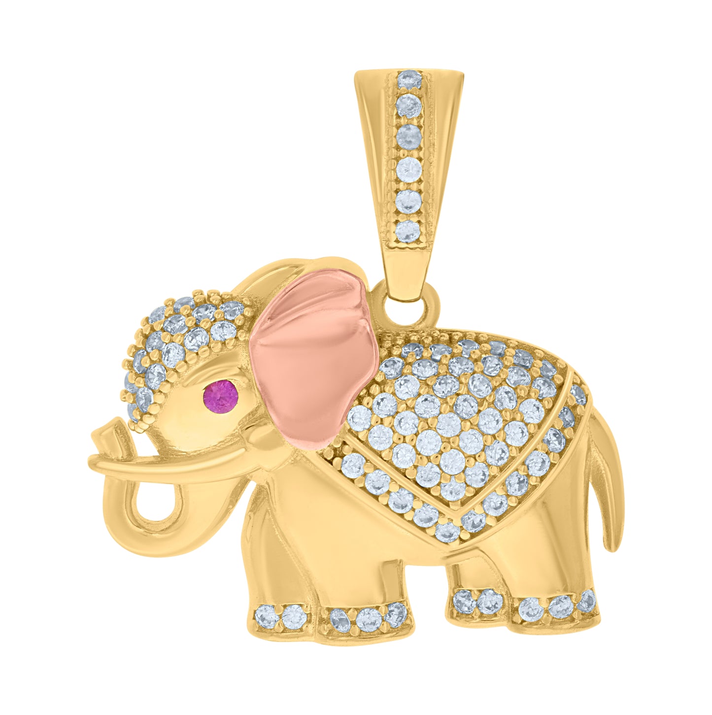 10K Two-tone Gold Unisex Purple White Cubic-Zirconia Elephant Animal Wildlife Charm Pendant