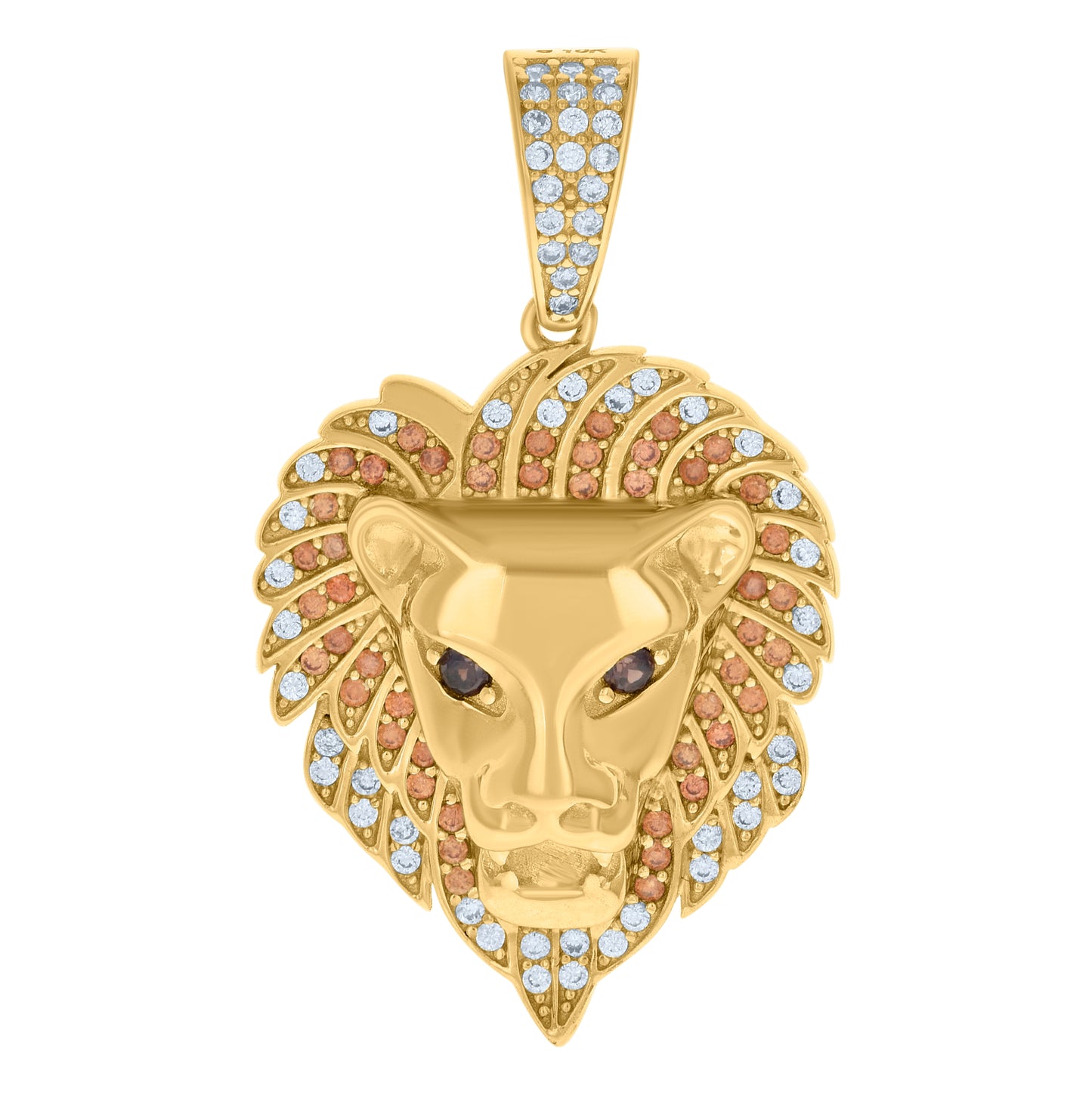 10K Yellow Gold Mens Red/Brown White Cubic-Zirconia Leo/Lion Head Zodiac Sign/Wildlife Charm Pendant