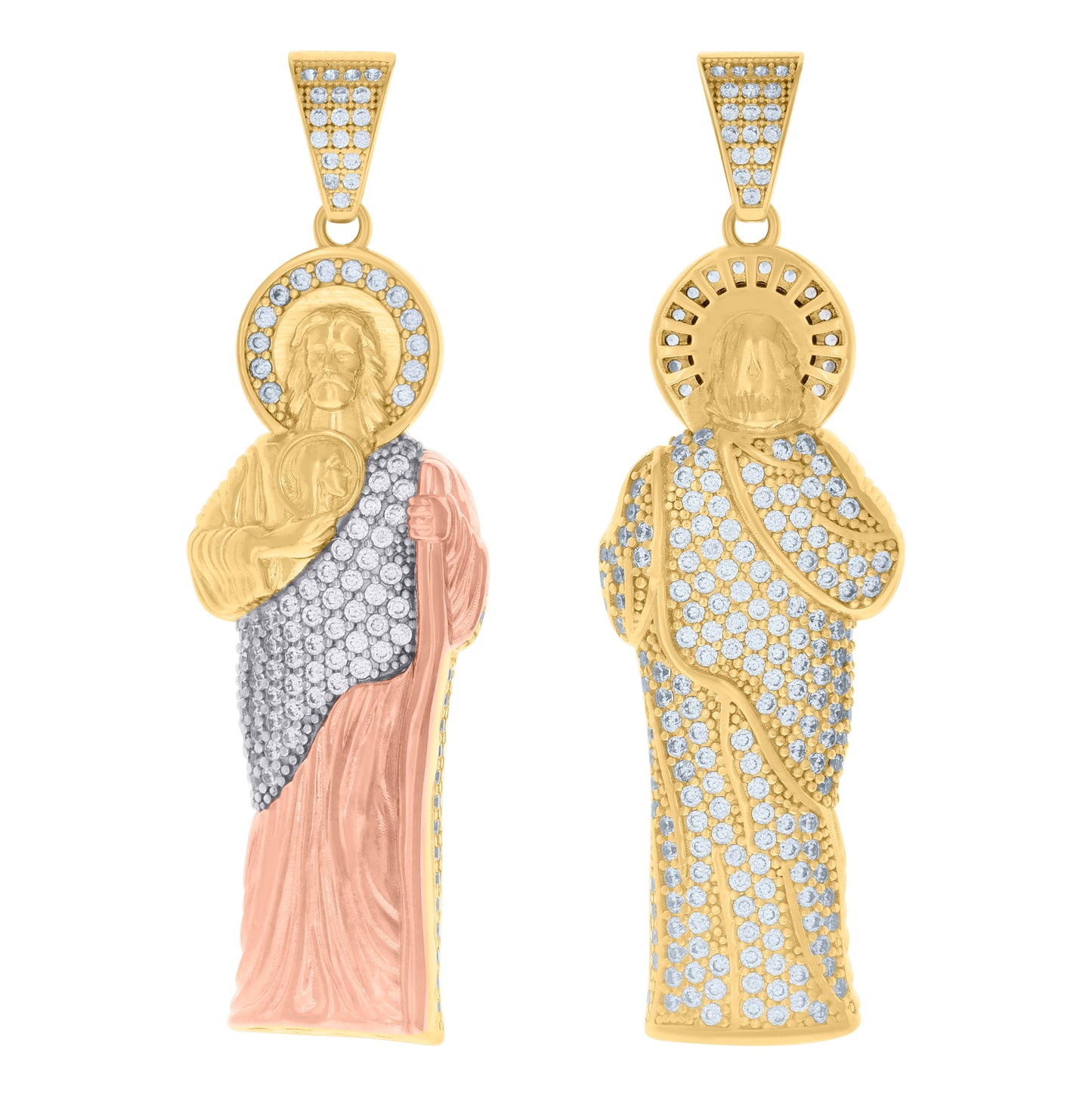 10K Tri-Color Gold Mens Cubic-Zirconia Saint Jude Religious Charm Pendant