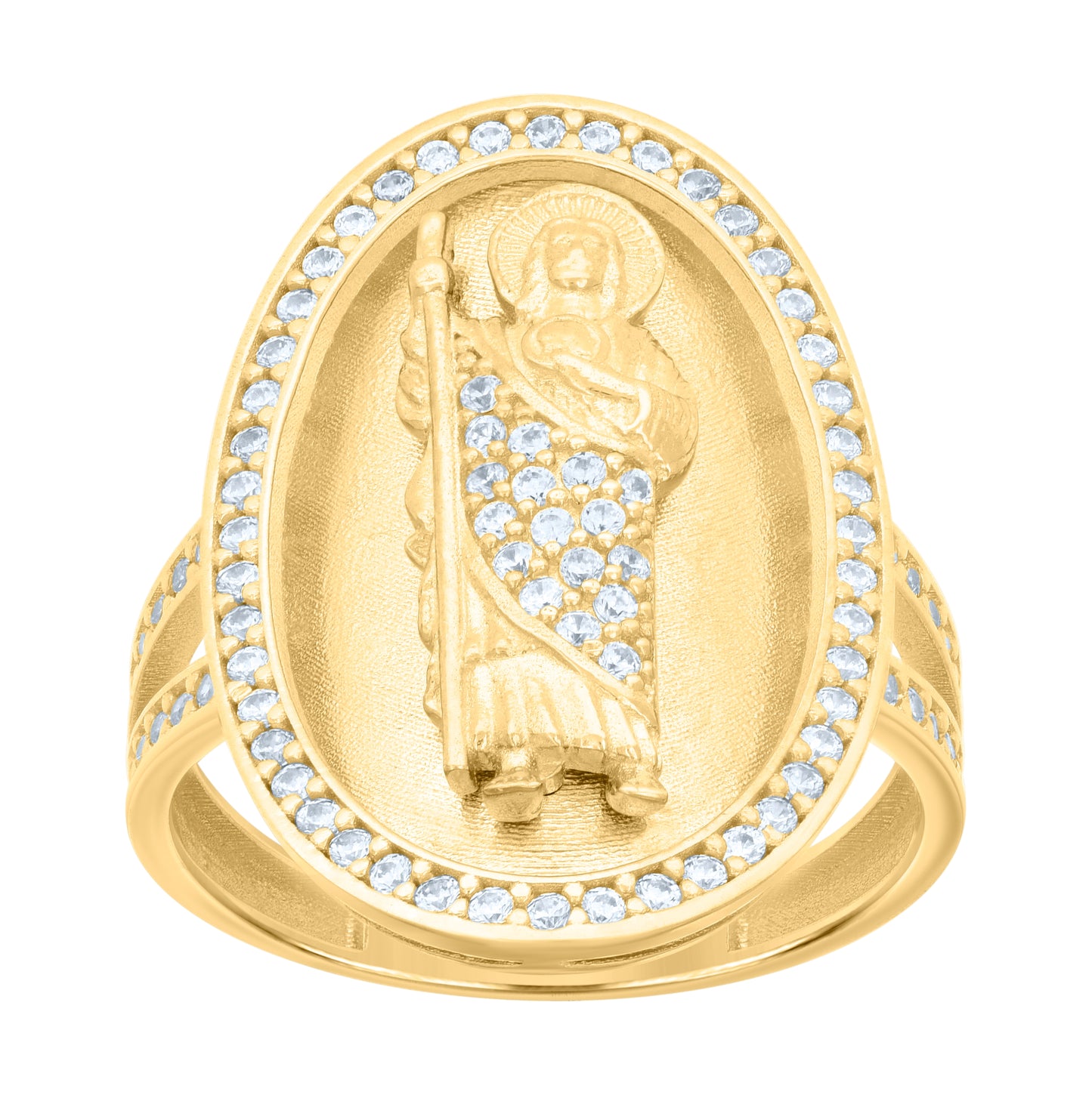 10K Yellow Gold Womens Cubic-Zirconia Oval Saint Jude Religious Ring