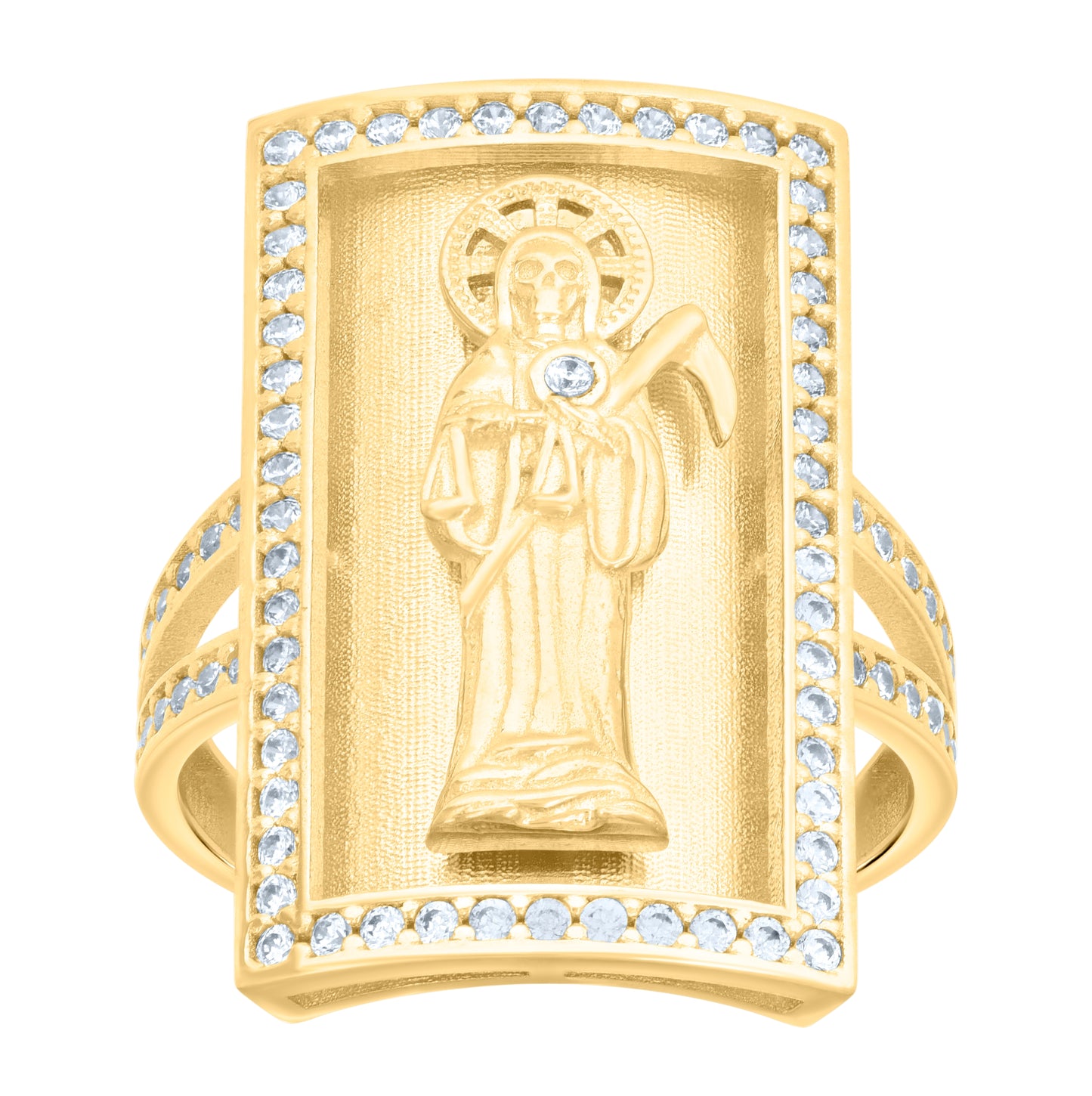 10K Yellow Gold Womens Cubic-Zirconia Death Angel Santa Muerte Grim Reaper Shield Religious Ring