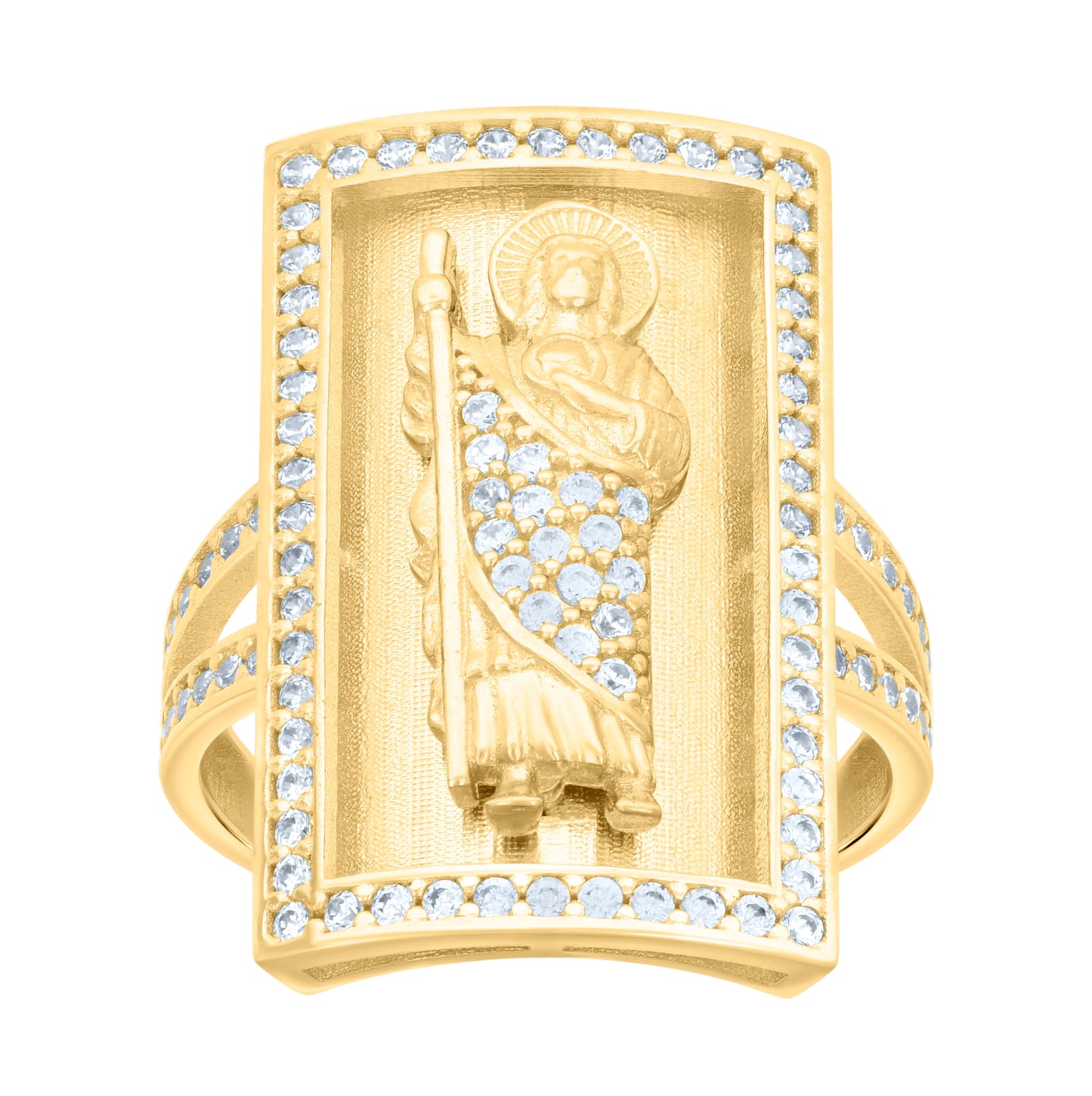 10K Yellow Gold Womens Cubic-Zirconia Saint Jude Shield Religious Ring