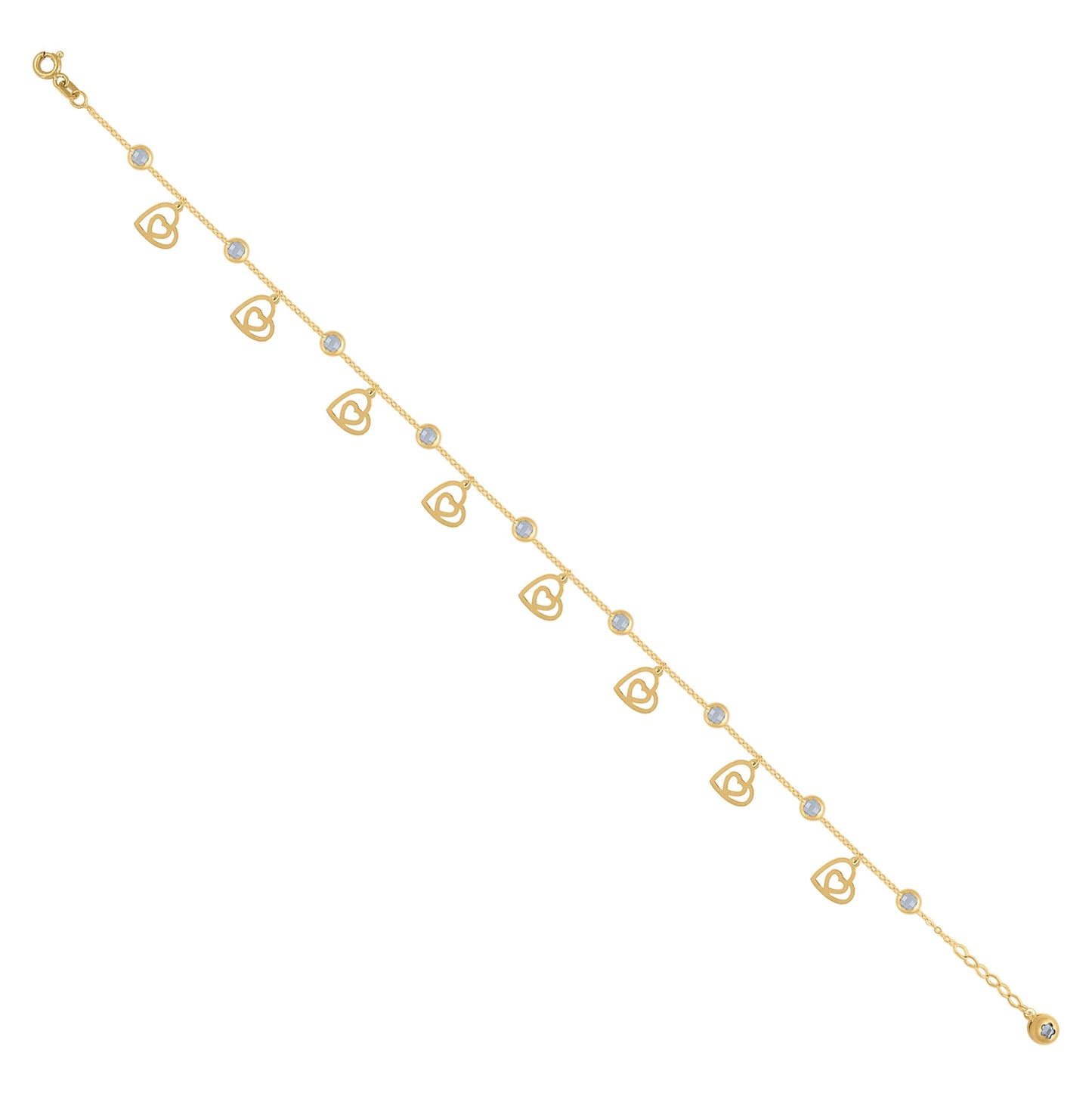 10K Yellow Gold Womens Cubic-Zirconia Hearts Charm Anklet Size 10 Inches