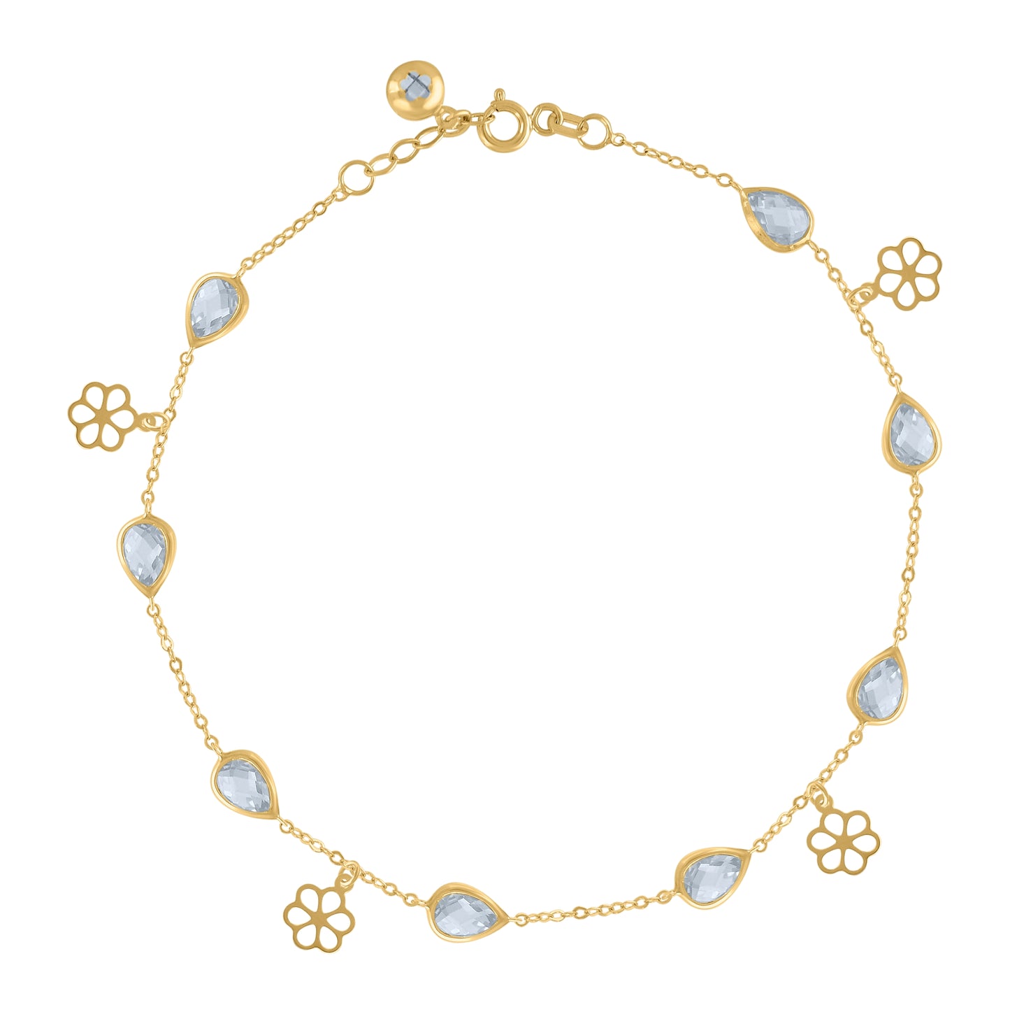 10K Yellow Gold Womens Pear Round Cubic-Zirconia Flower Charm Anklet Size 10 Inches