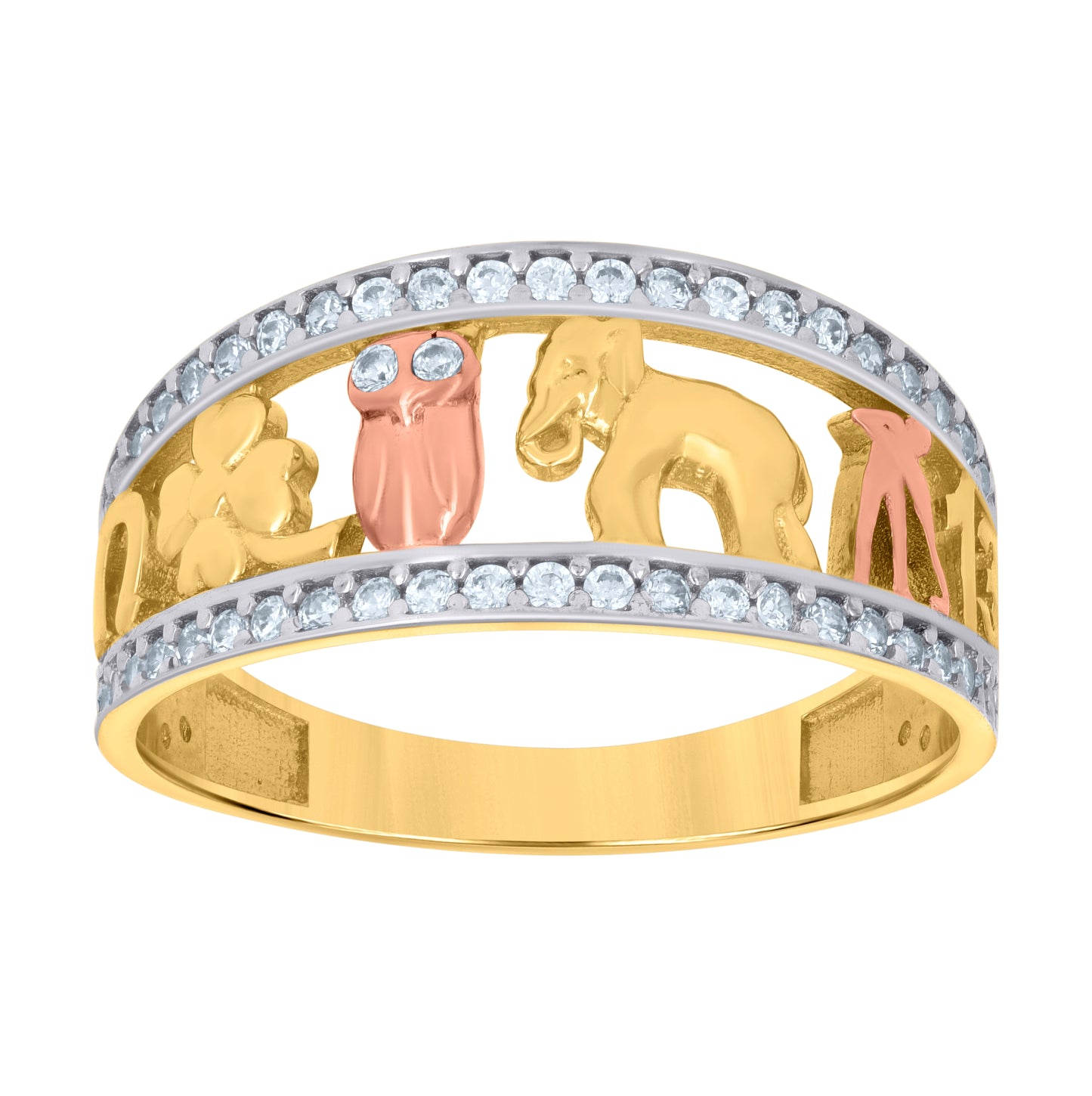 14K Tri-Color Gold Womens Cubic-Zirconia Elephant Owl Clover Horse Shoe Lucky Ring