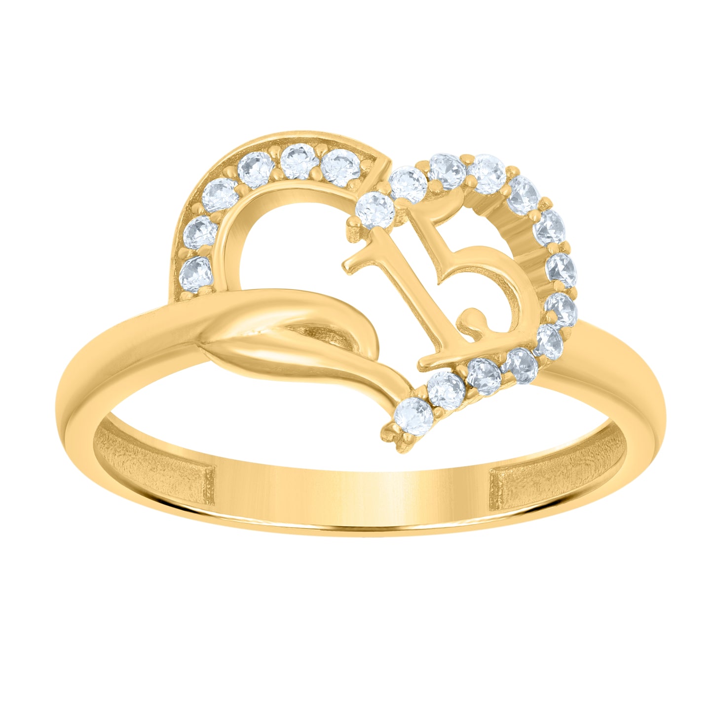 14K Yellow Gold Womens Cubic-Zirconia Quinceanera 15 Heart Love & Hearts Ring