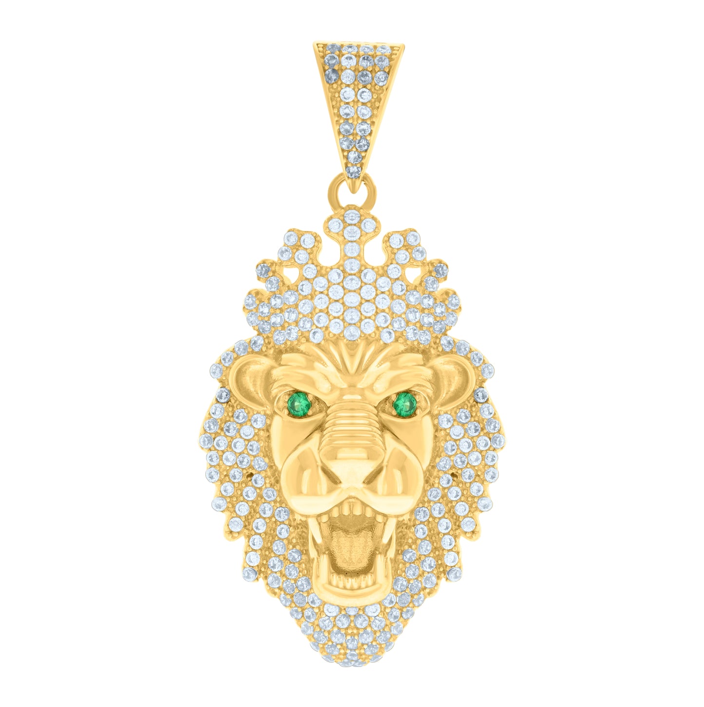 10K Yellow Gold Mens Green White Cubic-Zirconia Leo/Lion Head Animal Zodiac Sign/Wildlife Charm Pendant