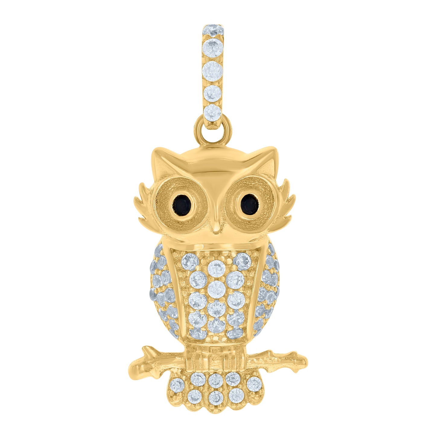 10K Yellow Gold Unisex Black White Cubic-Zirconia Owl Bird Wildlife Charm Pendant