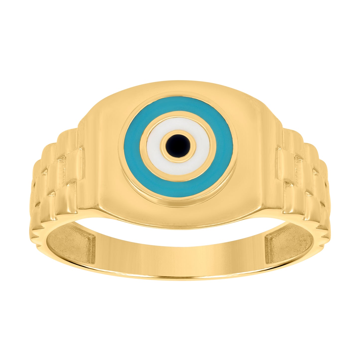 14K Yellow Gold Mens Enameled Evil Eye Good Luck Ring
