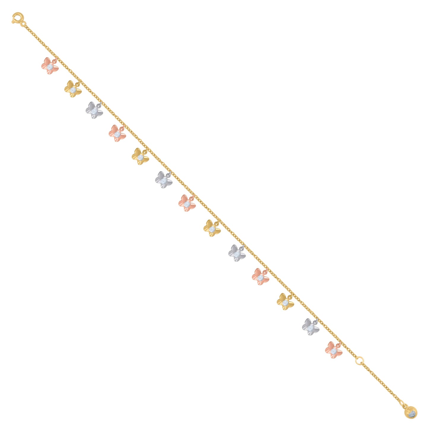 10K Tri-Color Gold Womens Cubic-Zirconia Butterfly Charm Anklet Size 10 Inches