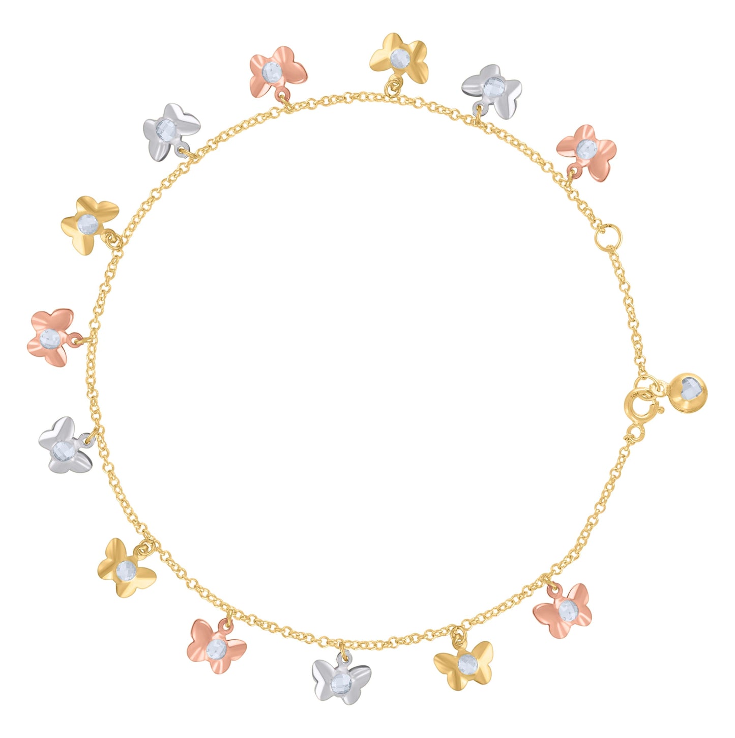 10K Tri-Color Gold Womens Cubic-Zirconia Butterfly Charm Anklet Size 10 Inches