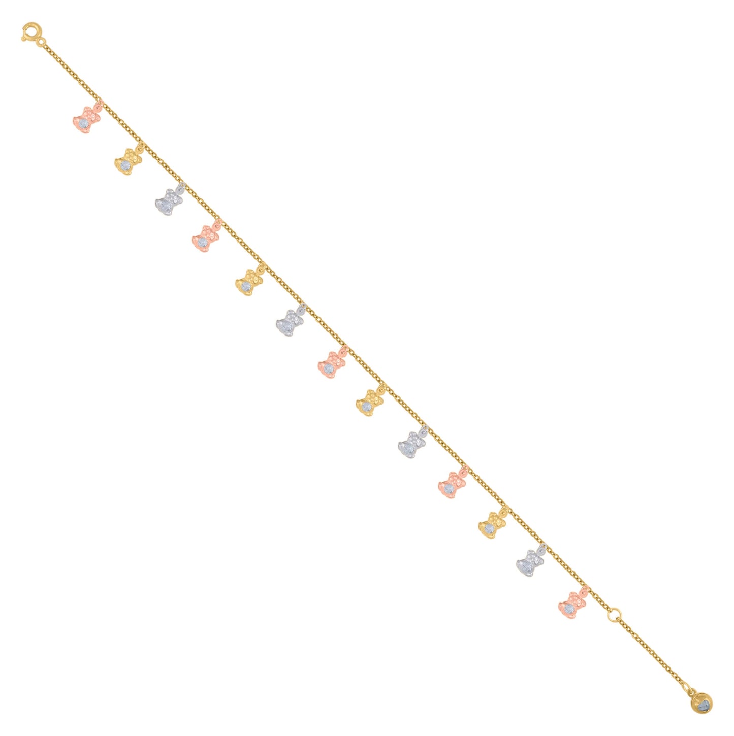 10K Tri-Color Gold Womens Cubic-Zirconia Teddy Bear Charm Anklet Size 10 Inches