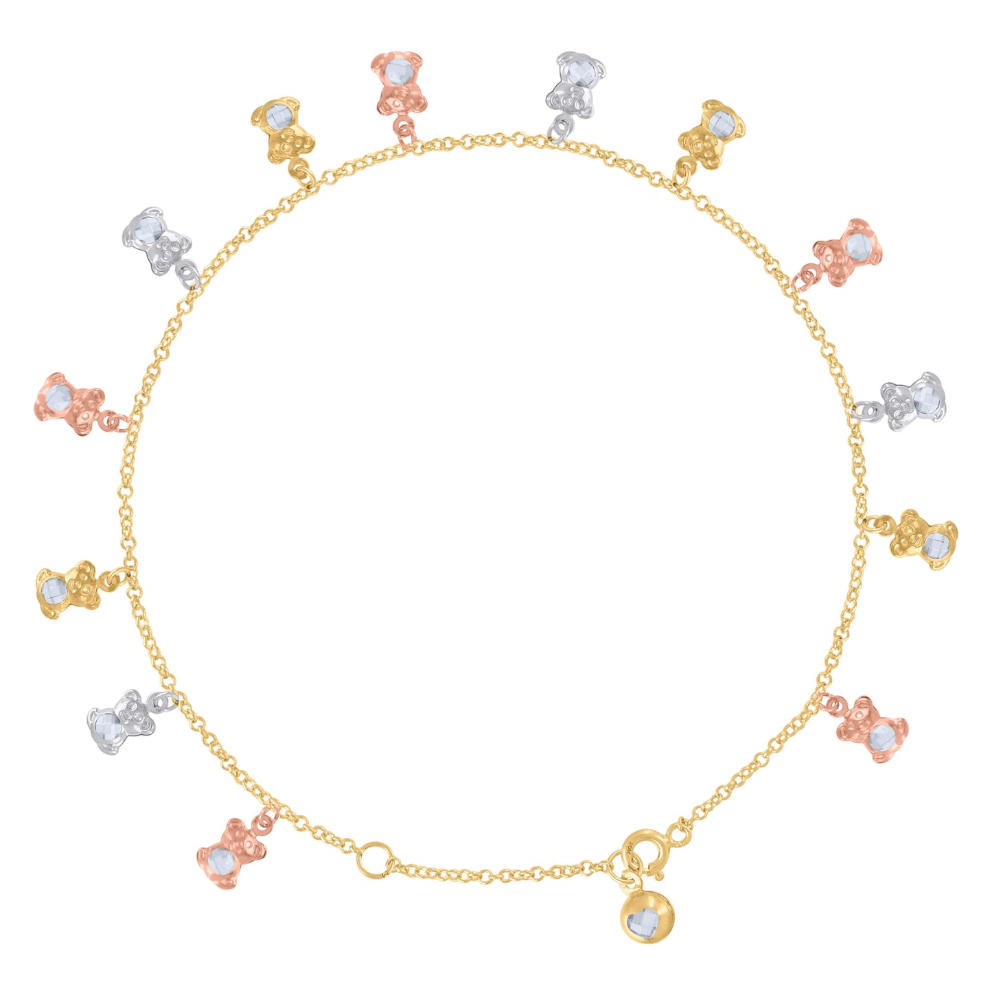 10K Tri-Color Gold Womens Cubic-Zirconia Teddy Bear Charm Anklet Size 10 Inches