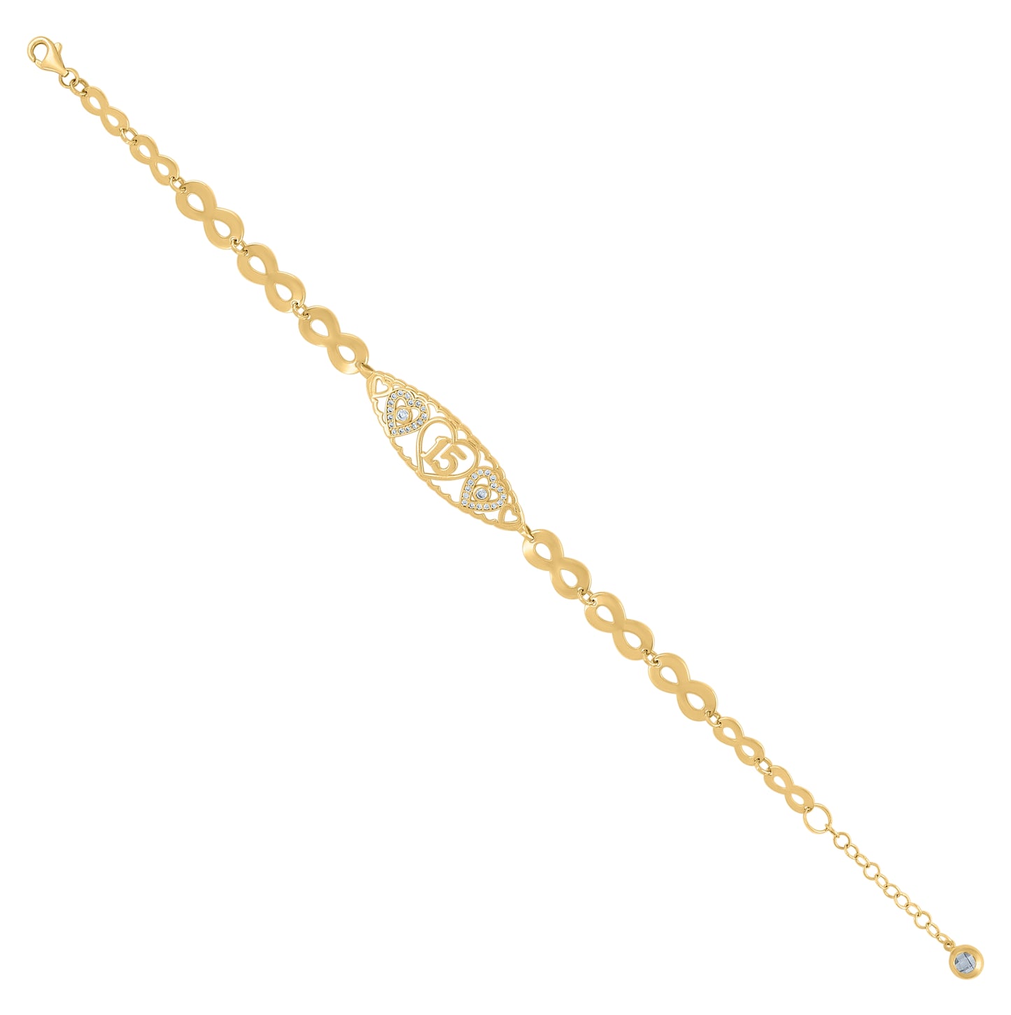 10K Yellow Gold Womens Cubic-Zirconia Heart Quinceanera 15 Charm Bracelet Size 8 Inches
