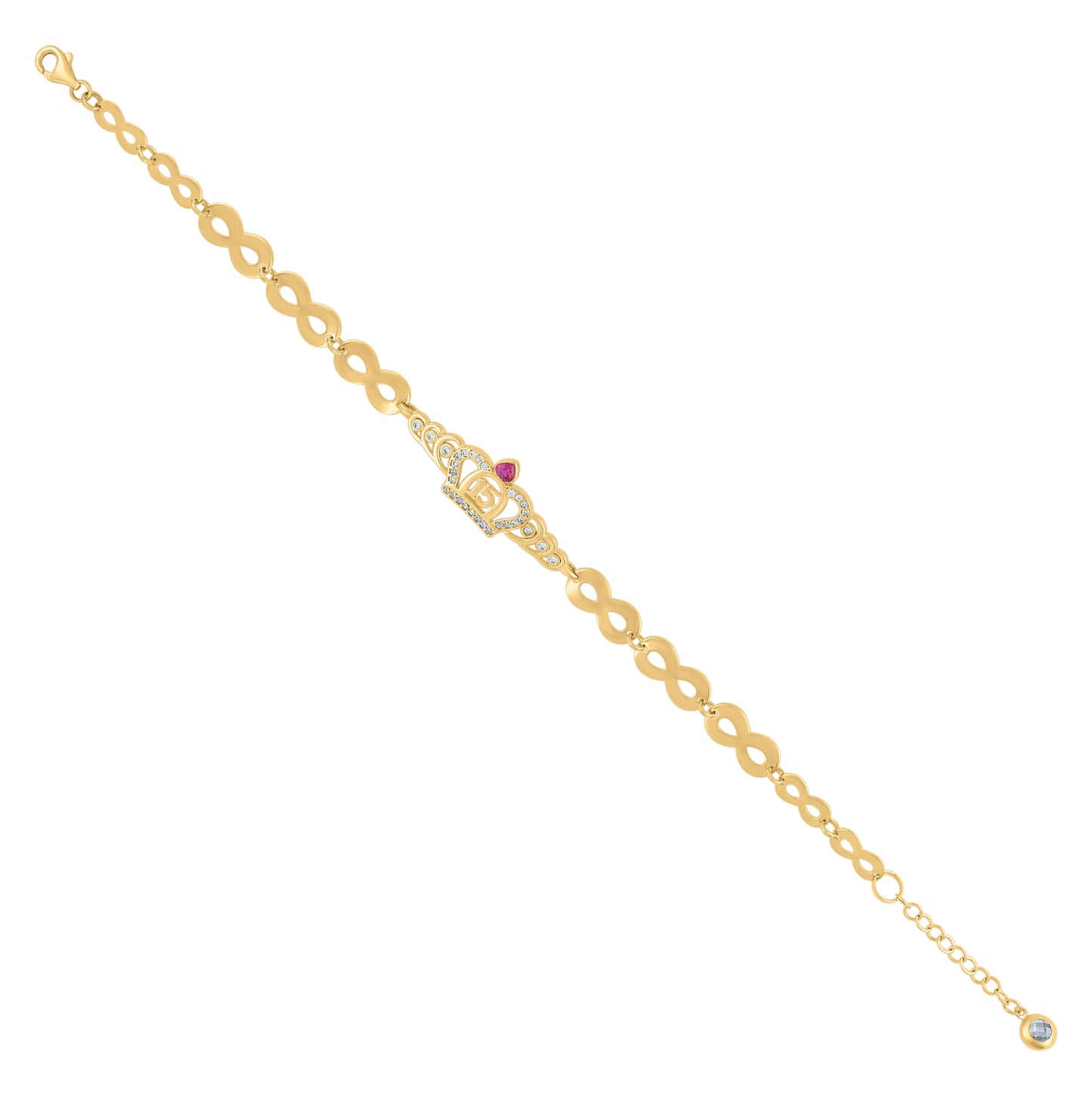 10K Yellow Gold Womens Cubic-Zirconia Crown Quinceanera 15 Charm Bracelet Size 8 Inches