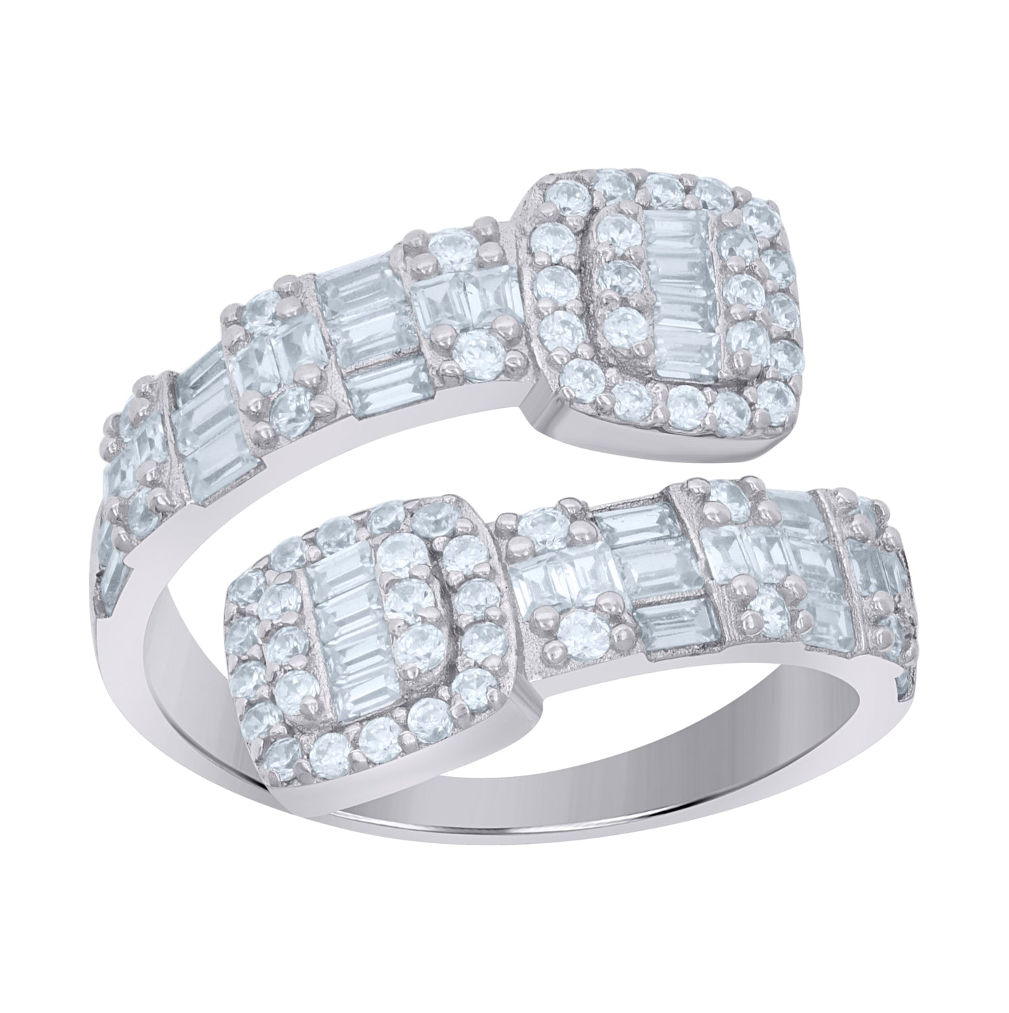 Sterling Silver Women's Baguette Round Cubic-Zirconia Bypass Fashion Bridal Anniversary Wedding Engagement Band Ring