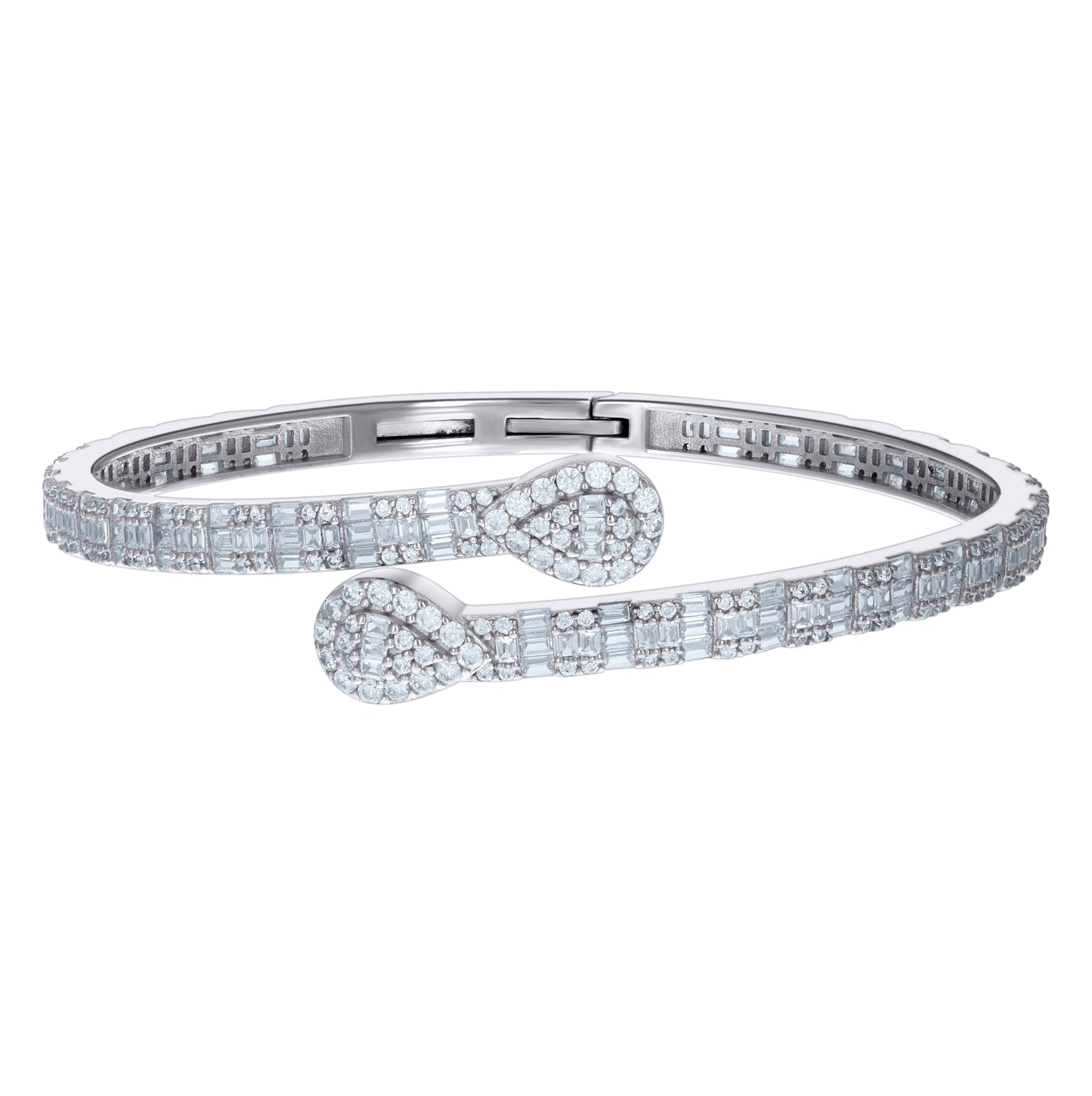 Sterling Silver Womens Baguette Round Cubic-Zirconia Teardrop Fashion Bangle Bracelet