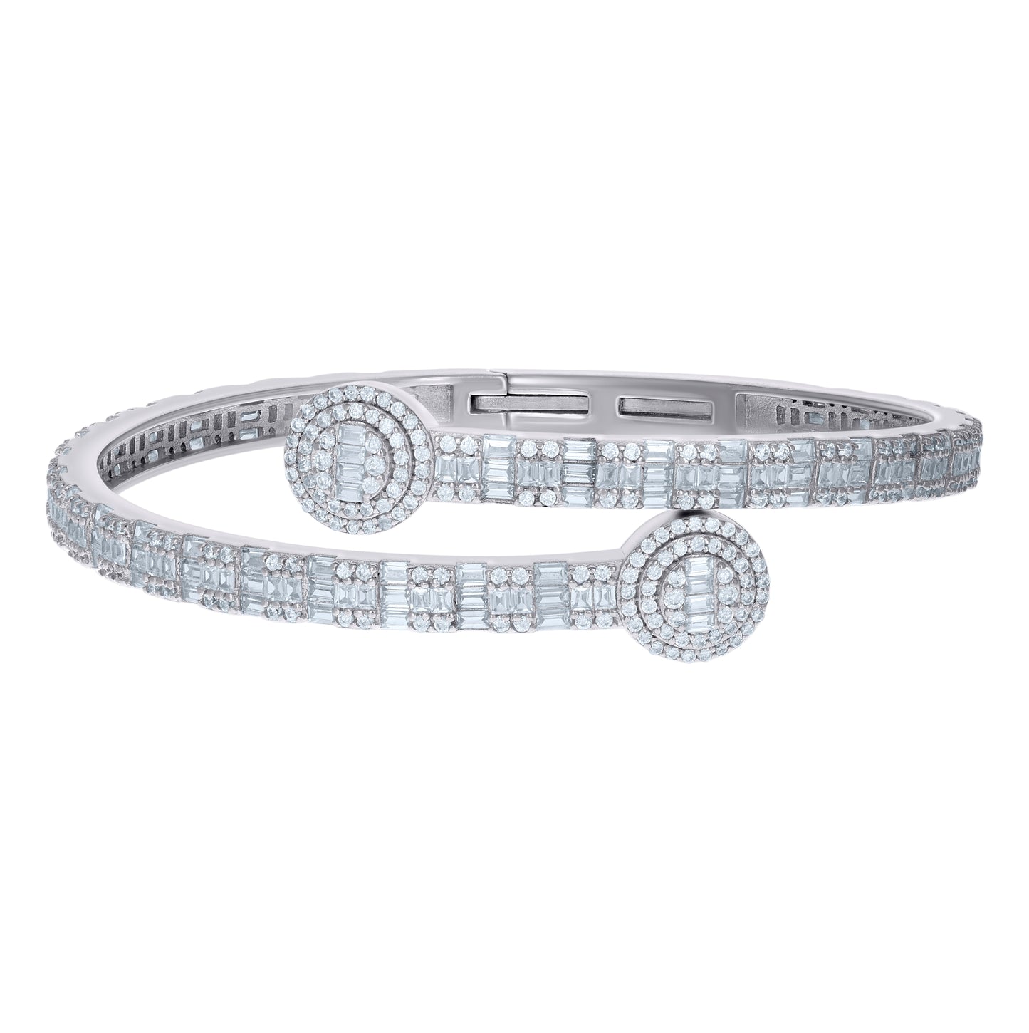 Sterling Silver Womens Baguette Round Cubic-Zirconia Fashion Bangle Bracelet