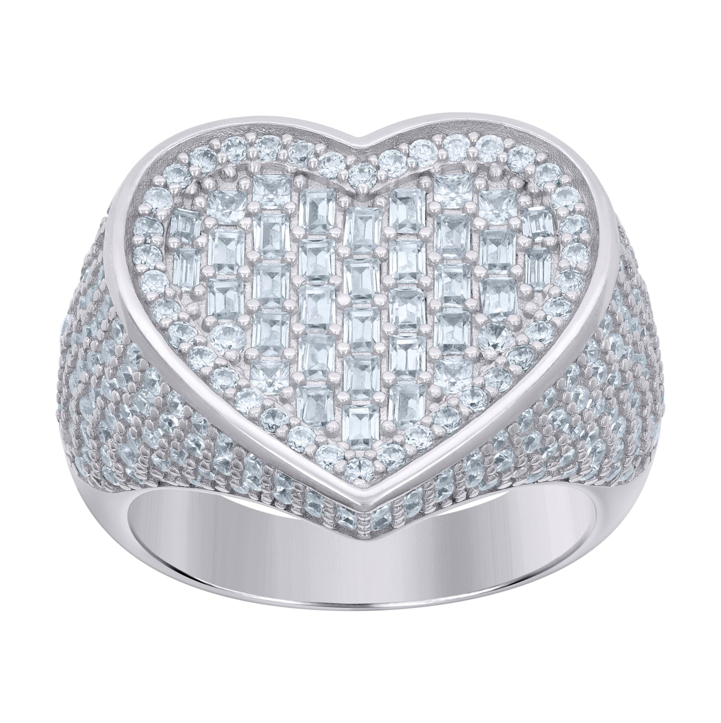 Sterling Silver Womens Baguette Round Cubic-Zirconia Heart Bridal Anniversary Wedding Engagement Band Ring
