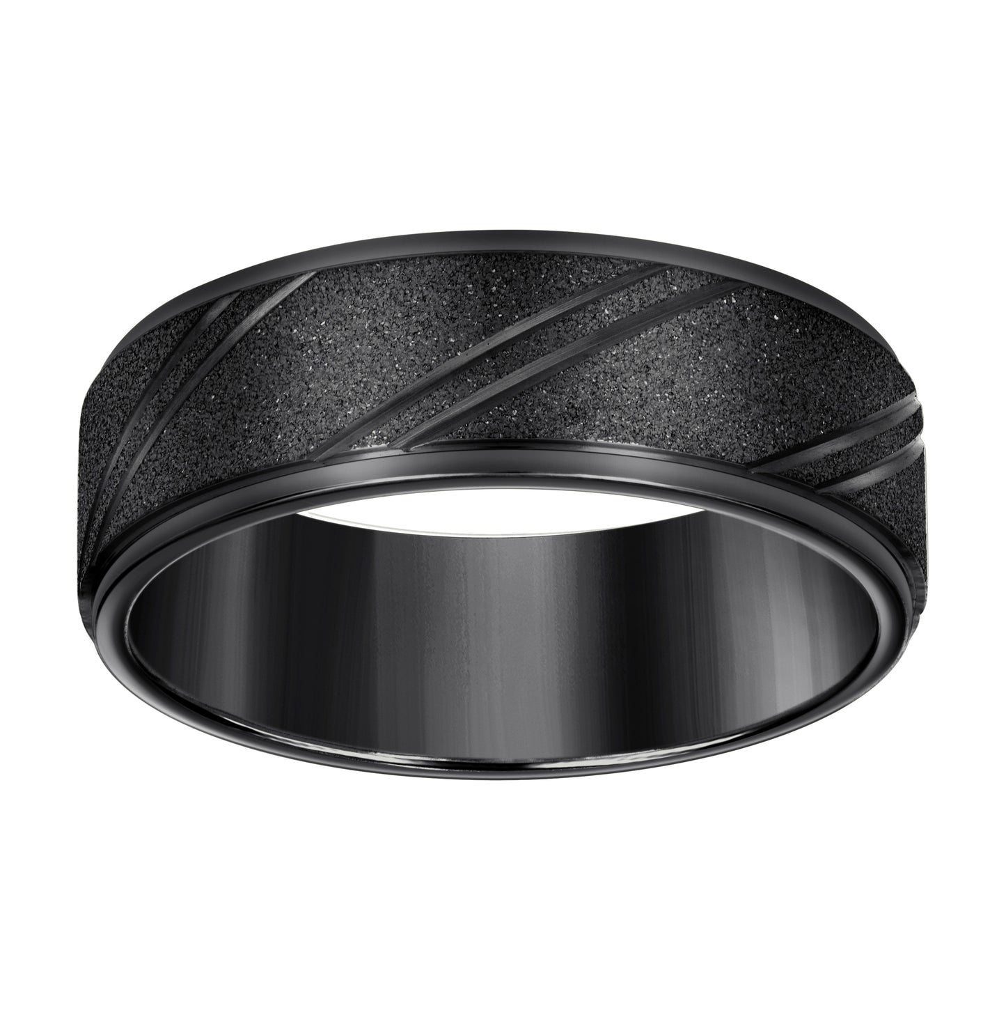 Stainless Steel Black-tone Men's Stone Finish Grooved Comfort-Fit Bridal Anniversary Engagement Wedding Band 8mm