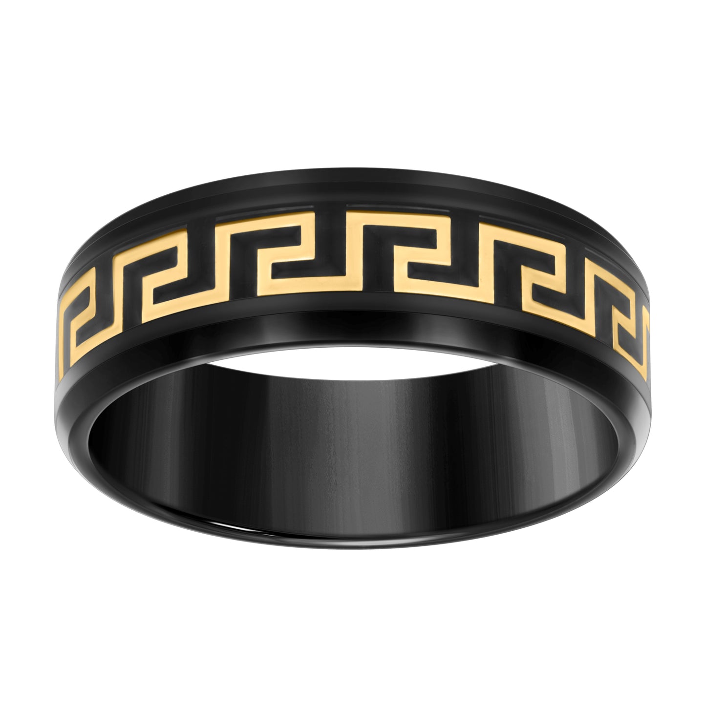 Stainless Steel Yellow & Black-tone Mens Greek Key Inlay Comfort-Fit Bridal Anniversary Engagement Wedding Band 8mm
