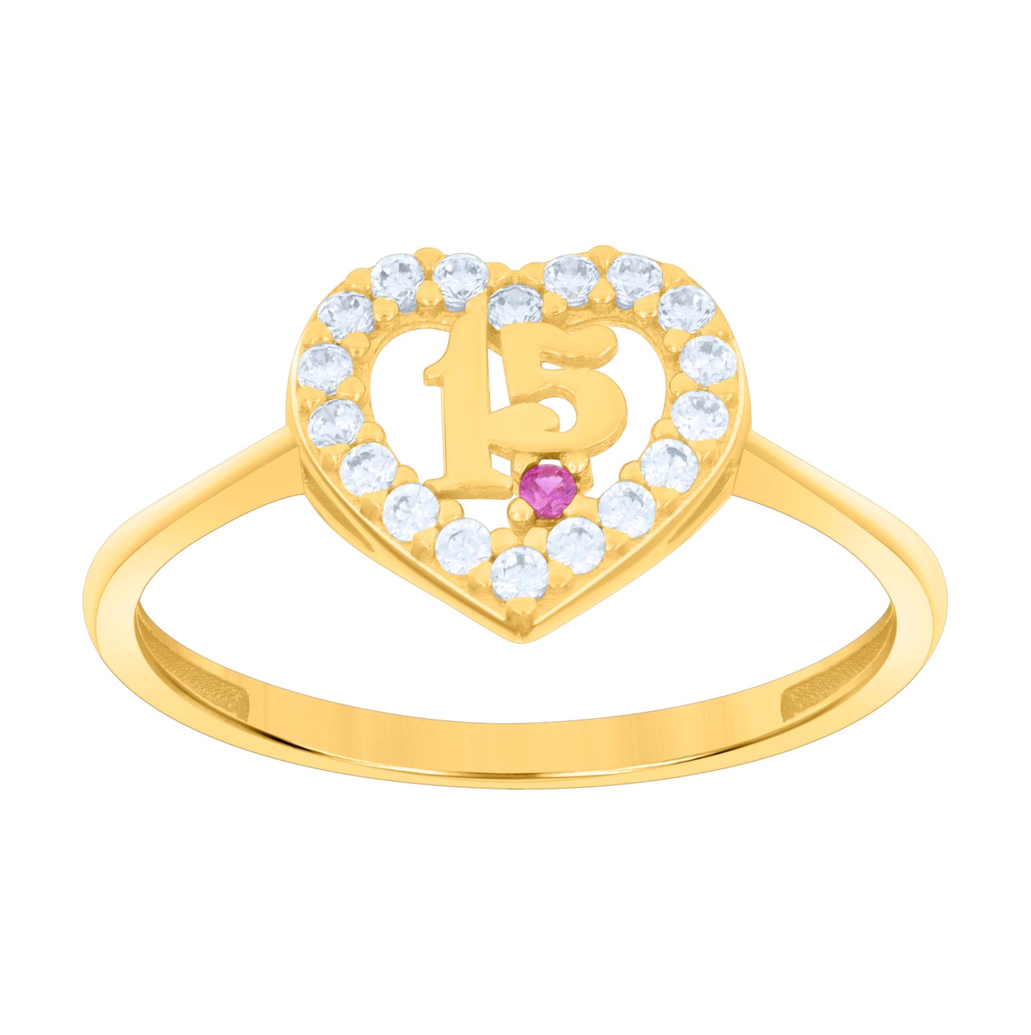 14K Yellow Gold Womens Purple White Cubic-Zirconia Sweet 15 Heart Quinceanera Ring