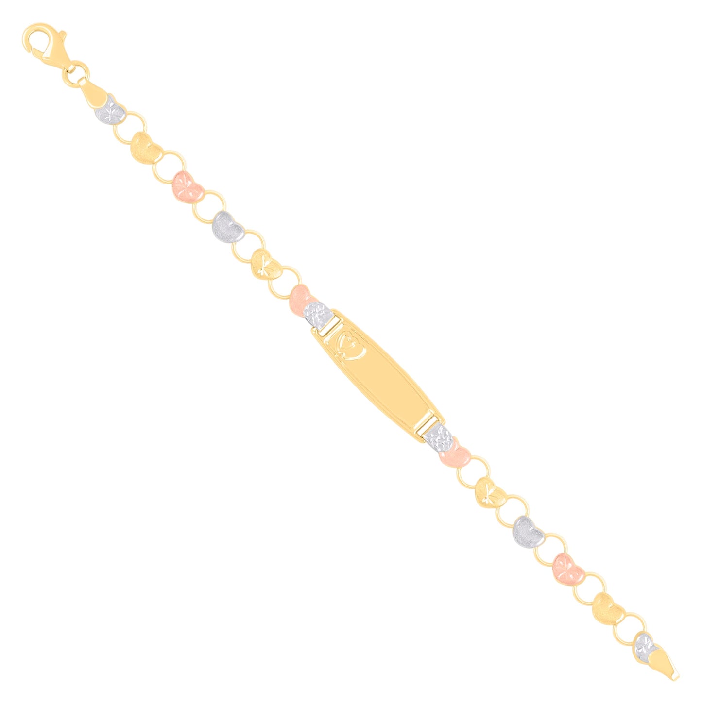 10K Tri-Color Gold Womens Heart Link ID Bracelet Size 6 Inches