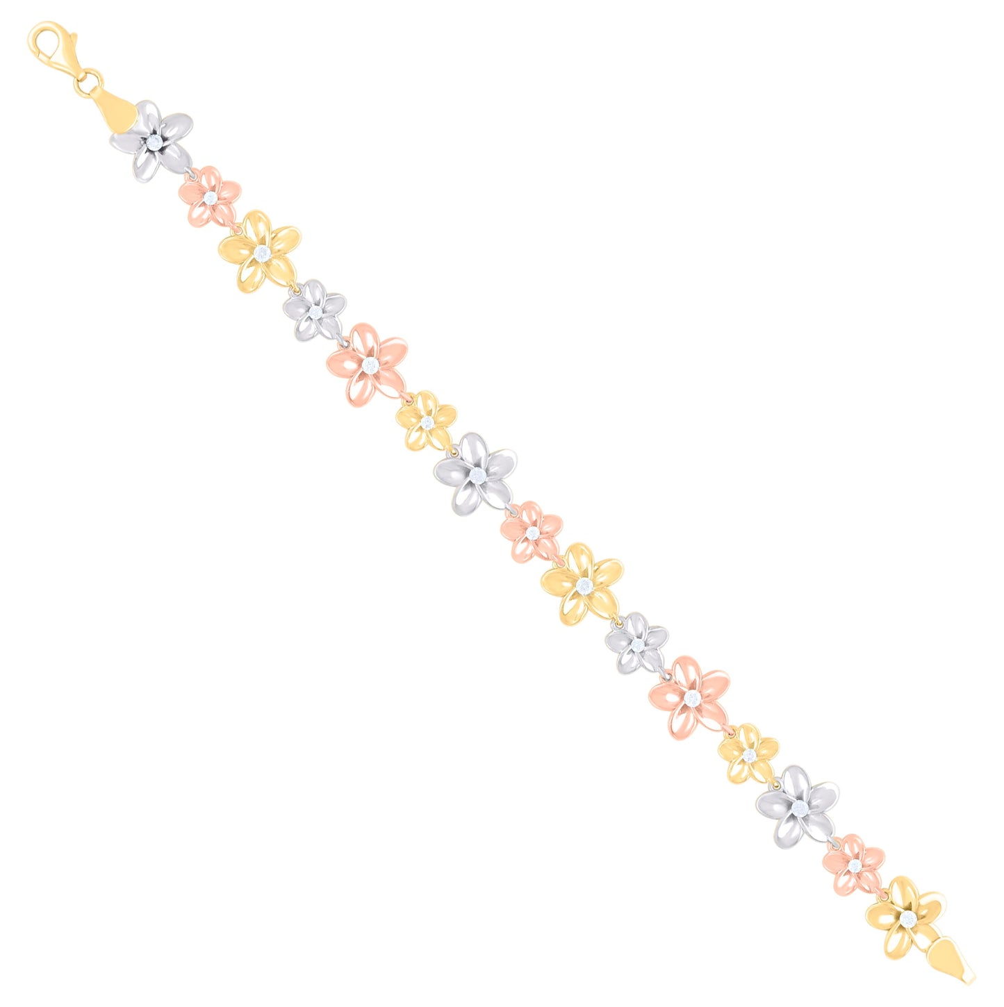 10K Tri-Color Gold Womens Cubic-Zirconia Flower Link Fashion Bracelet Size 8 Inches