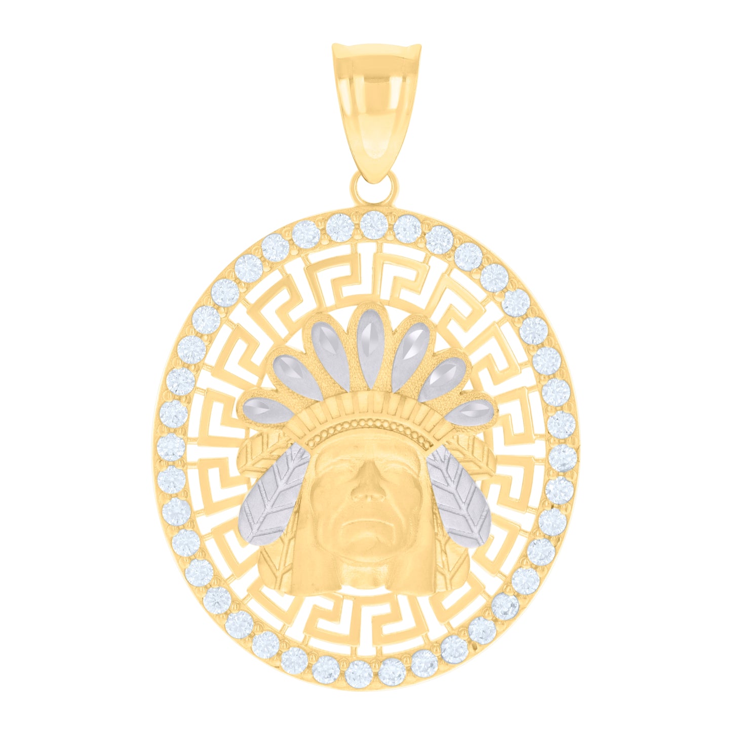 10K Two-tone Gold Mens Cubic-Zirconia Native American Indian Chief Fashion Charm Pendant