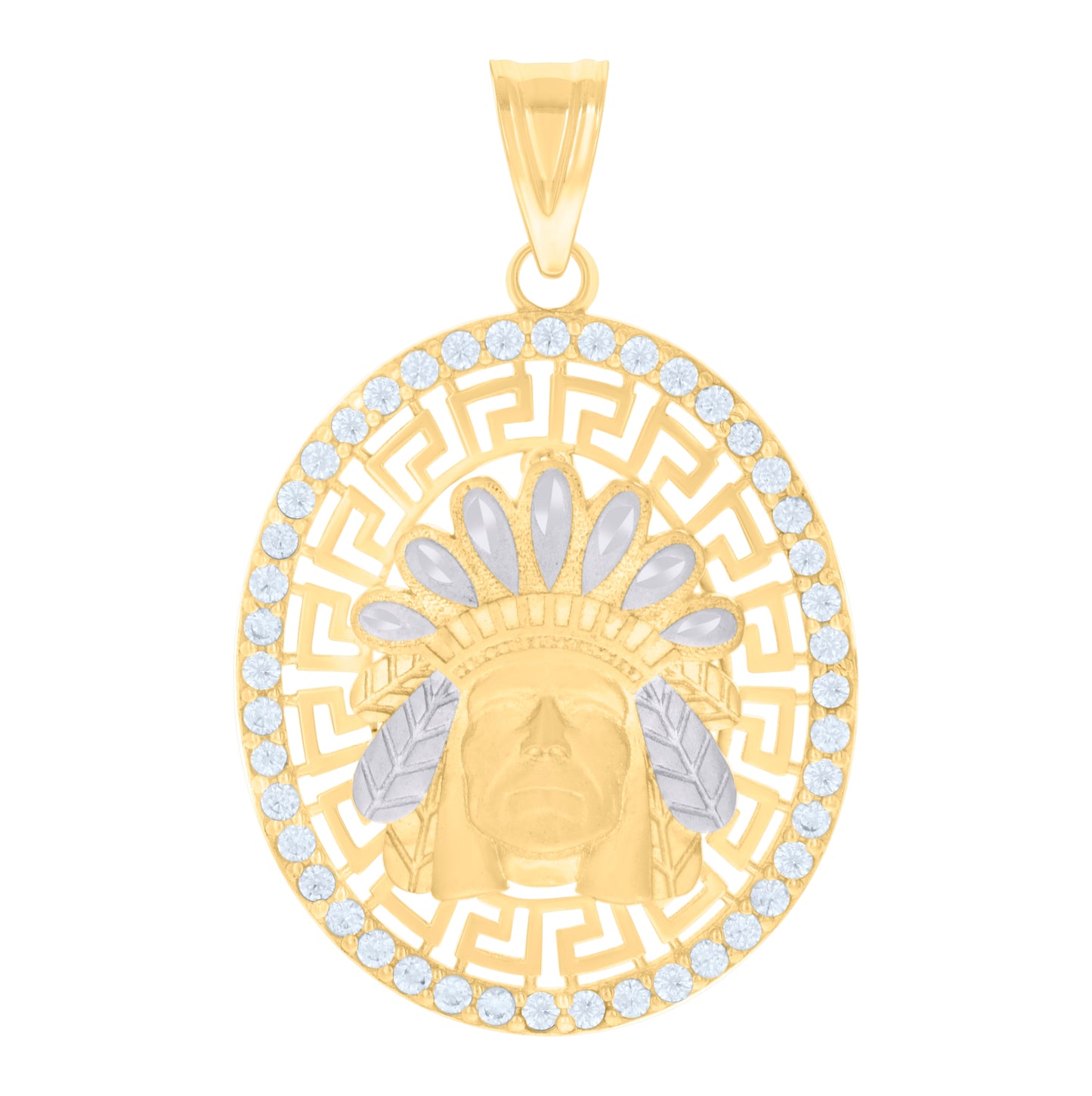 10K Two-tone Gold Mens Cubic-Zirconia Native American Indian Chief Fashion Charm Pendant