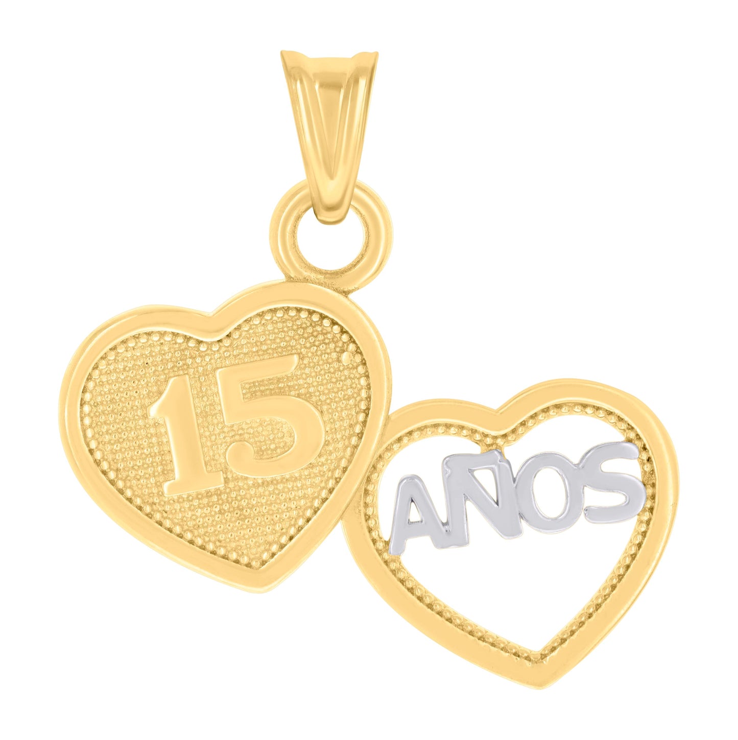 10K Two-tone Gold Womens ANOS 15 Heart Quinceanera Charm Pendant