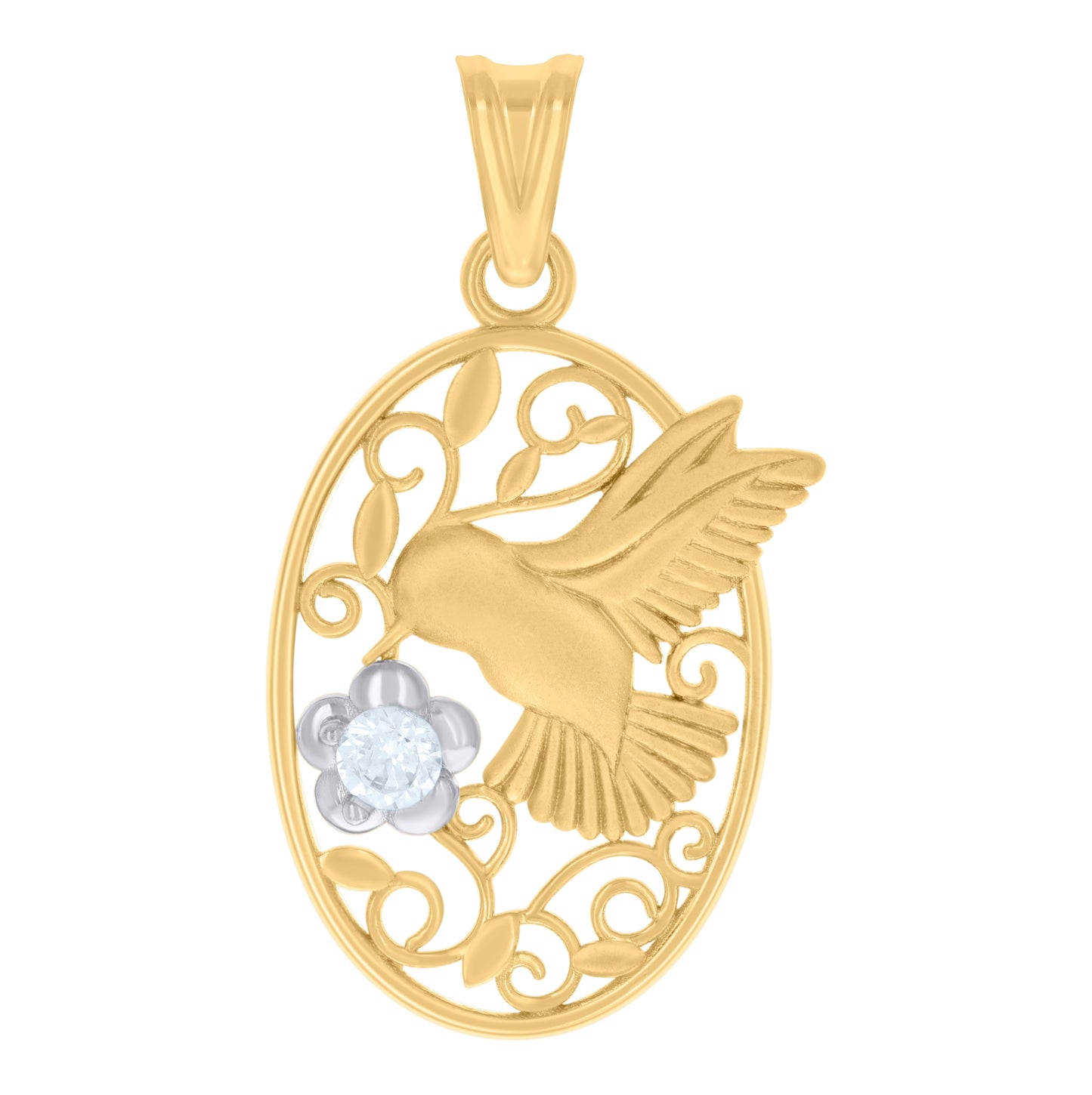 10K Two-tone Gold Womens Cubic-Zirconia Oval Hummingbird Bird Wildlife Charm Pendant