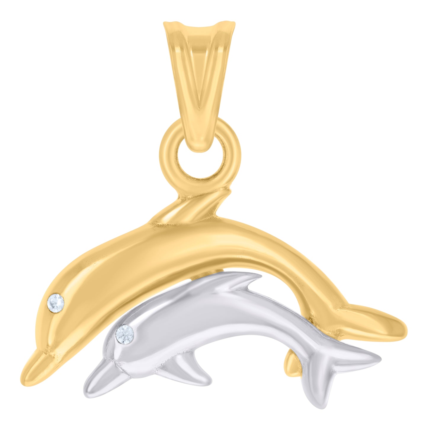 10K Two-tone Gold Unisex Cubic-Zirconia Mother Baby Dolphin Ocean Charm Pendant
