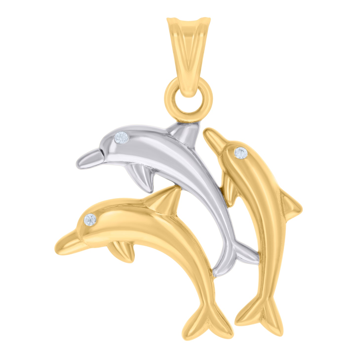 10K Two-tone Gold Unisex Cubic-Zirconia Triple Dolphins Ocean Charm Pendant