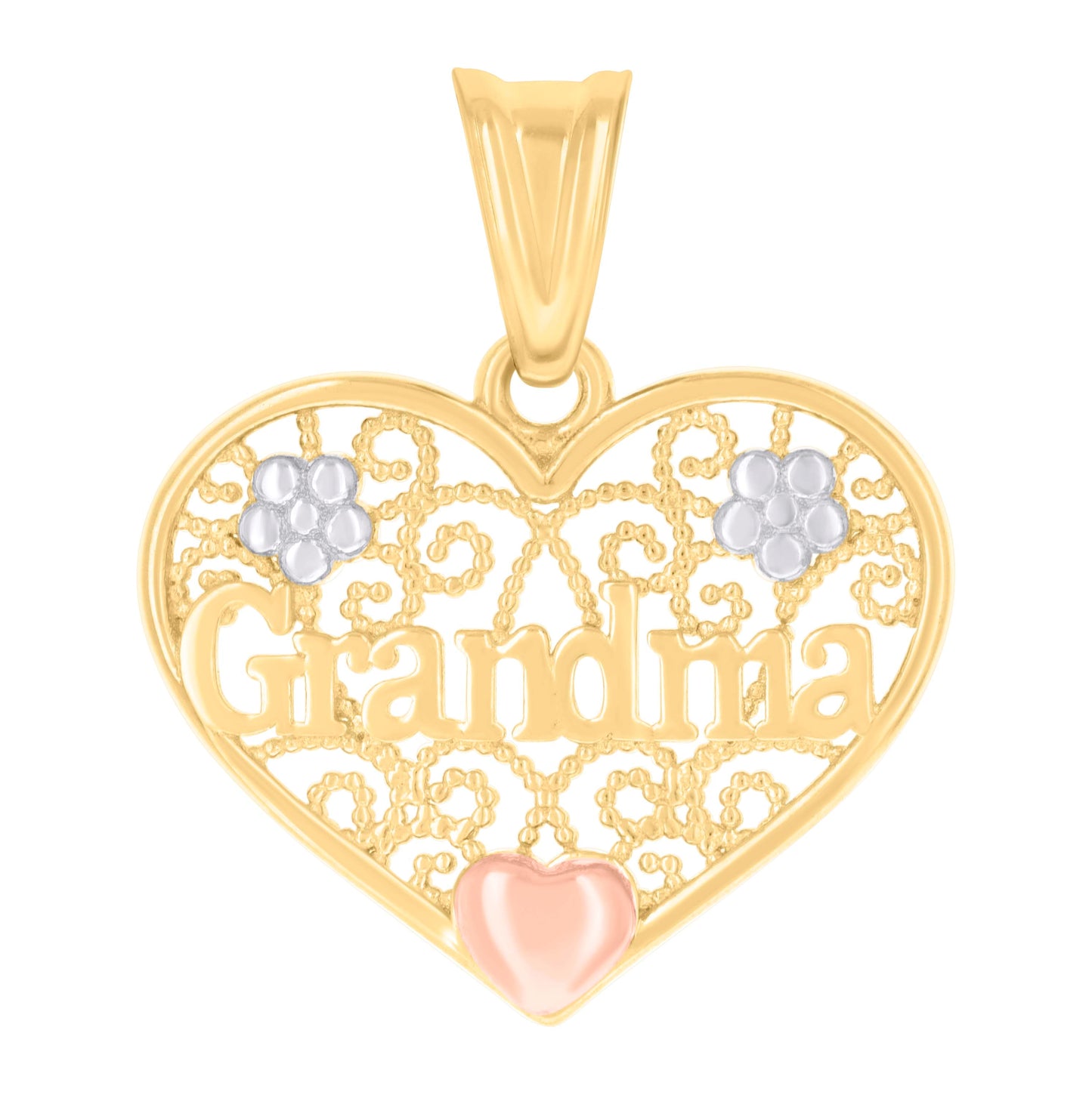 10K Tri-Color Gold Womens Heart Grandma Family Talking Charm Pendant