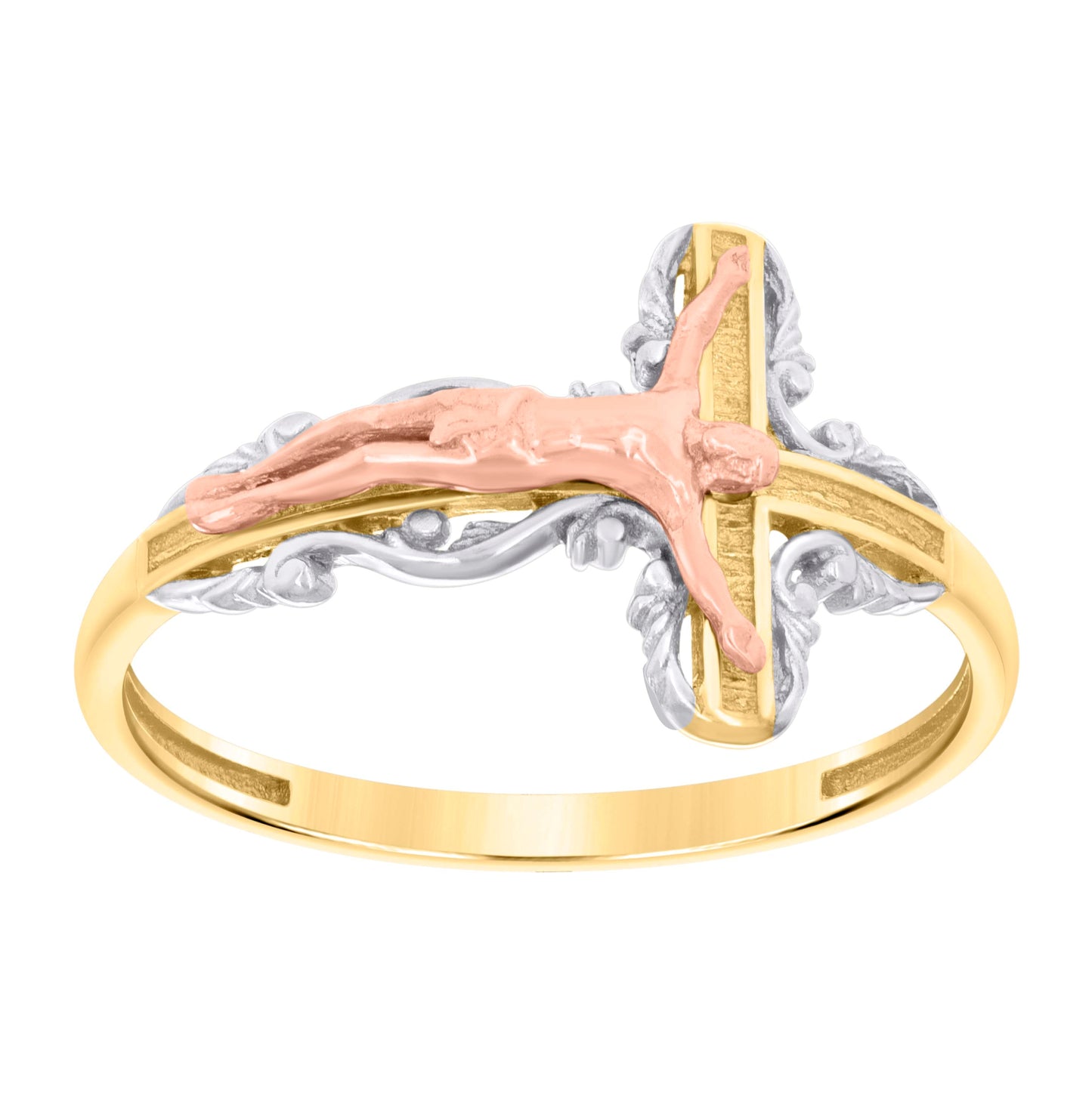 10K Tri-Color Gold Womens Crucifix Cross Religious Ring