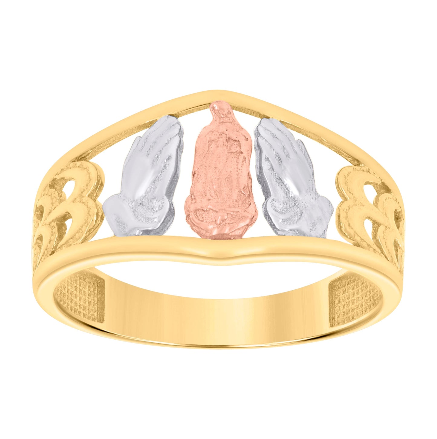 10K Tri-Color Gold Womens Guadalupe Praying Hands Symbol Religious Ring