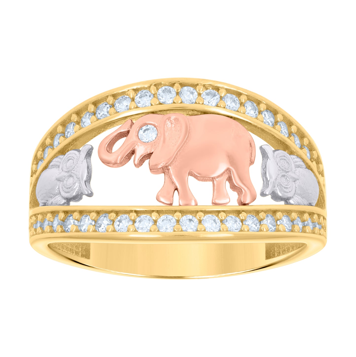 10K Tri-Color Gold Womens Cubic-Zirconia Elephant Owl Good Luck Ring