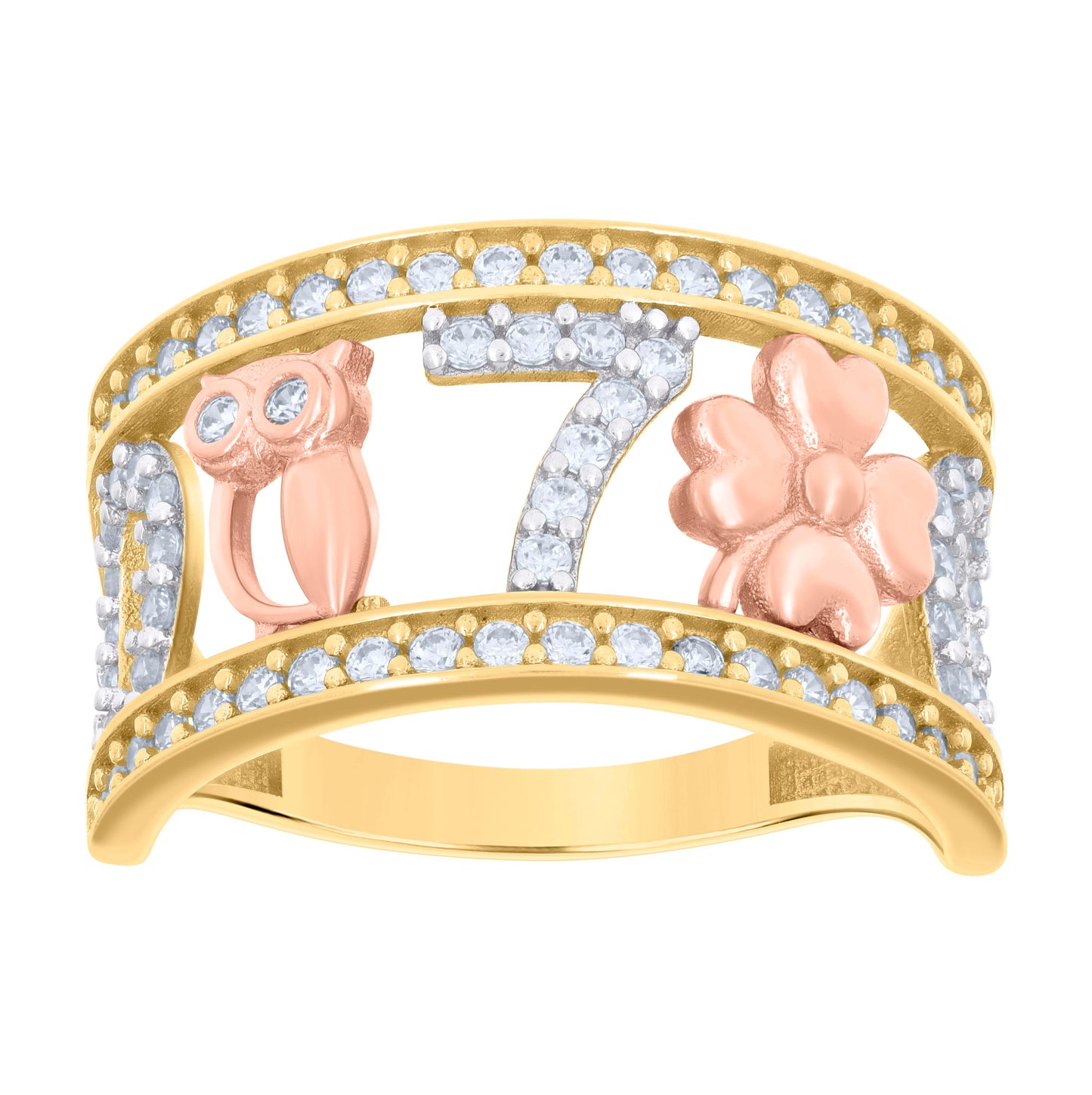 14K Tri-Color Gold Women Cubic-Zirconia Horse Shoe Owl Clover 7 Good Luck Ring