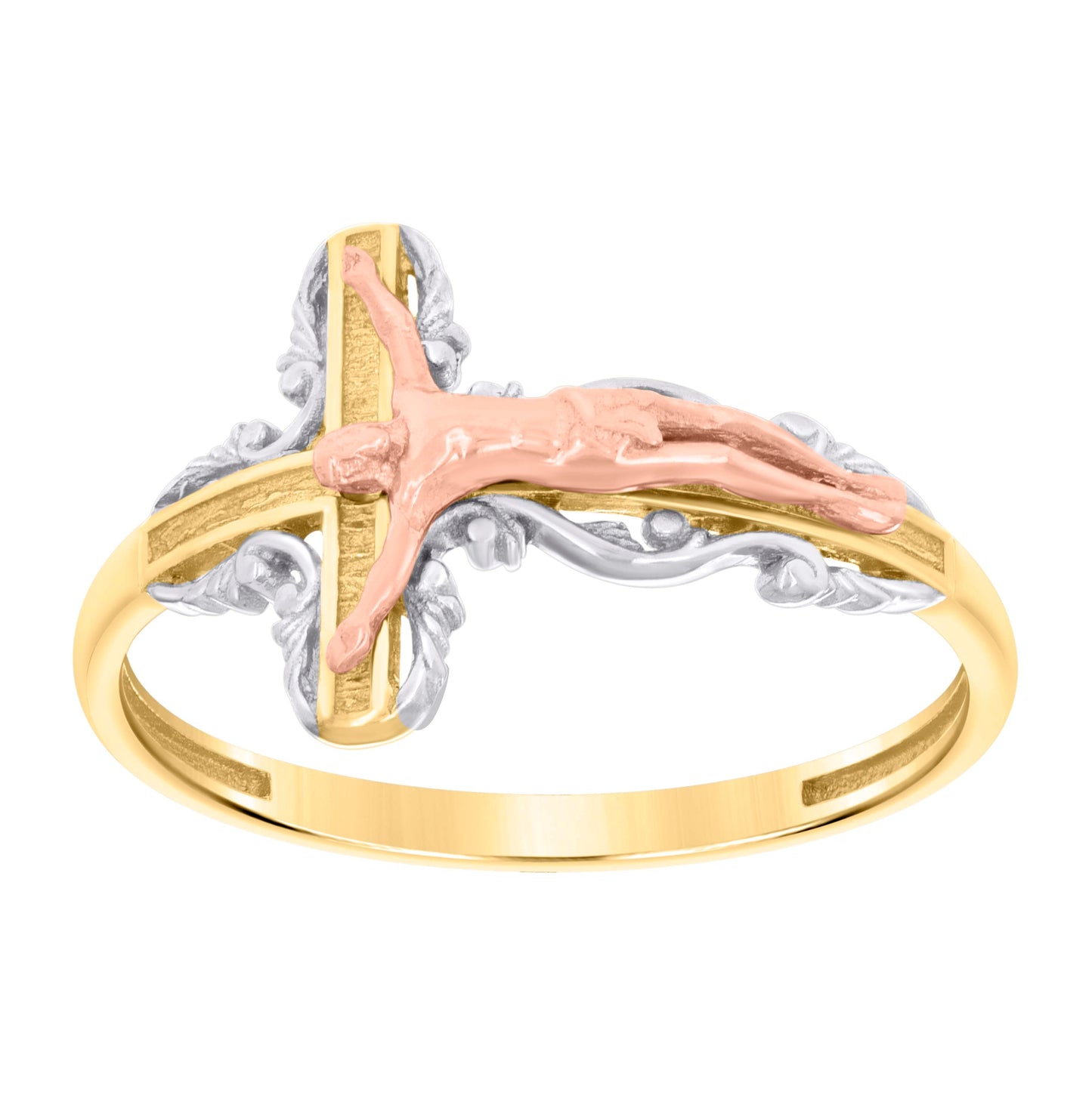 14K Tri-Color Gold Womens Crucifix Cross Religious Ring
