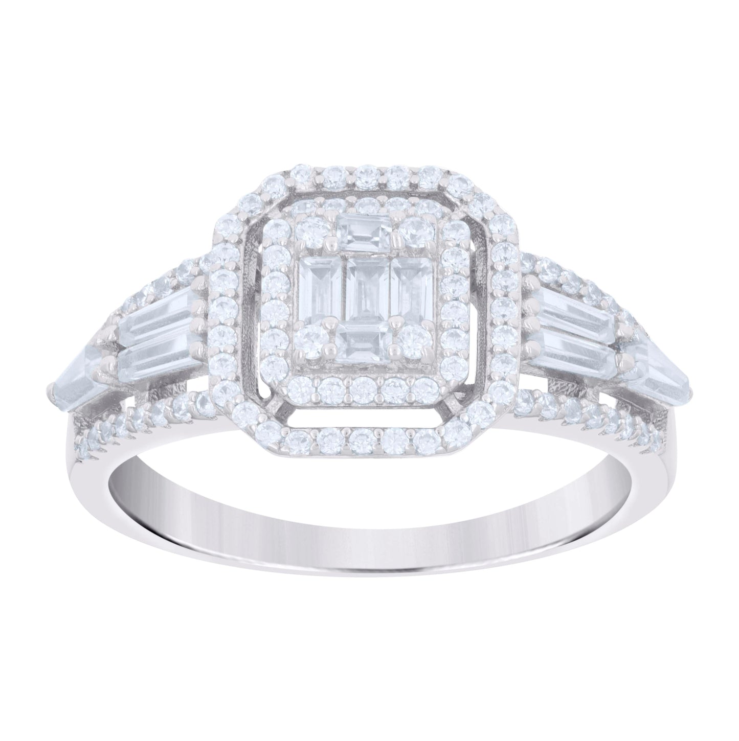 Sterling Silver Womens Baguette Round Cubic-Zirconia Octagon Head Fashion Bridal Anniversary Wedding Engagement Band Ring