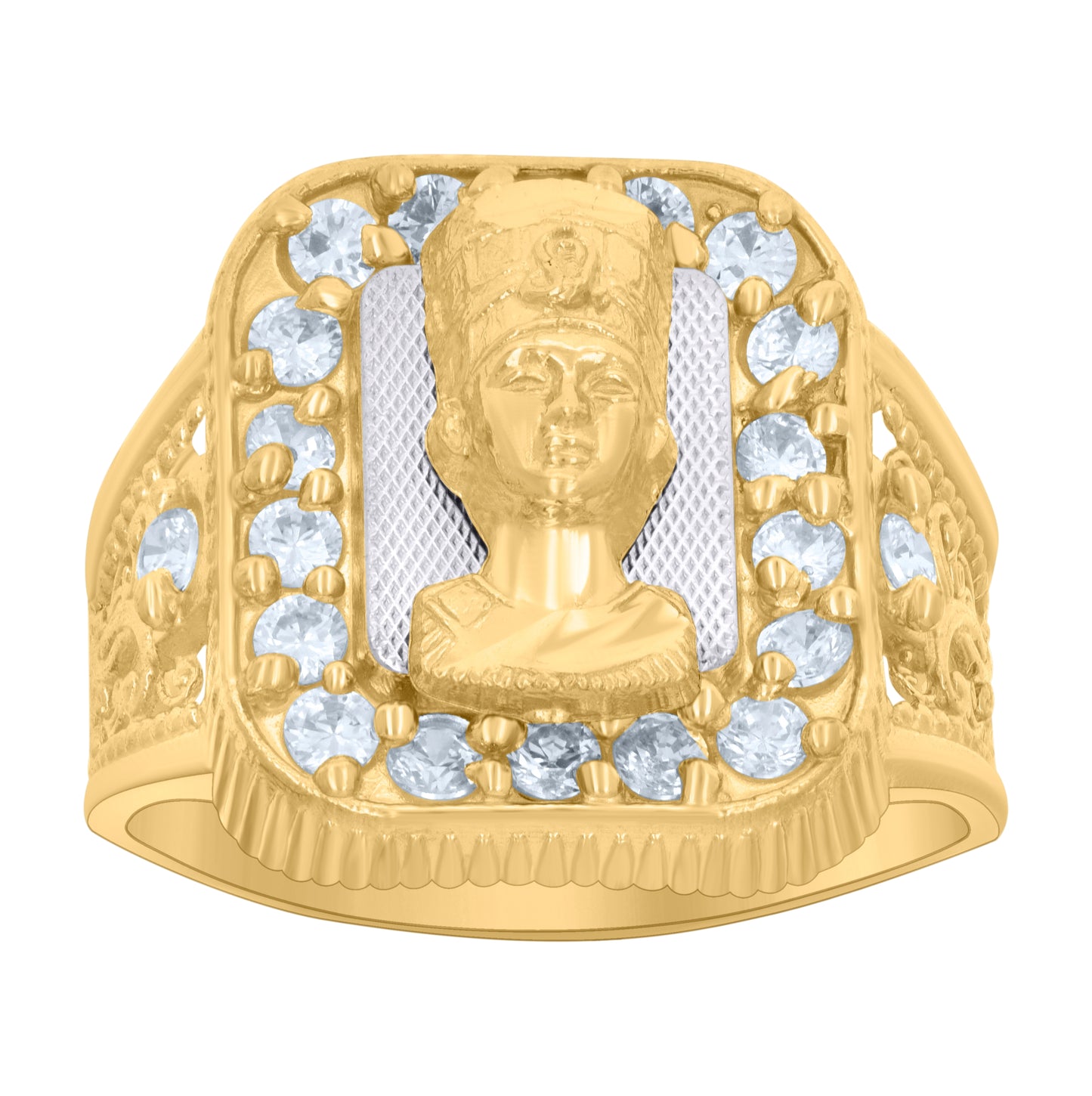 10K Two-tone Gold Mens Cubic-Zirconia Nefertiti Egyptian Ring