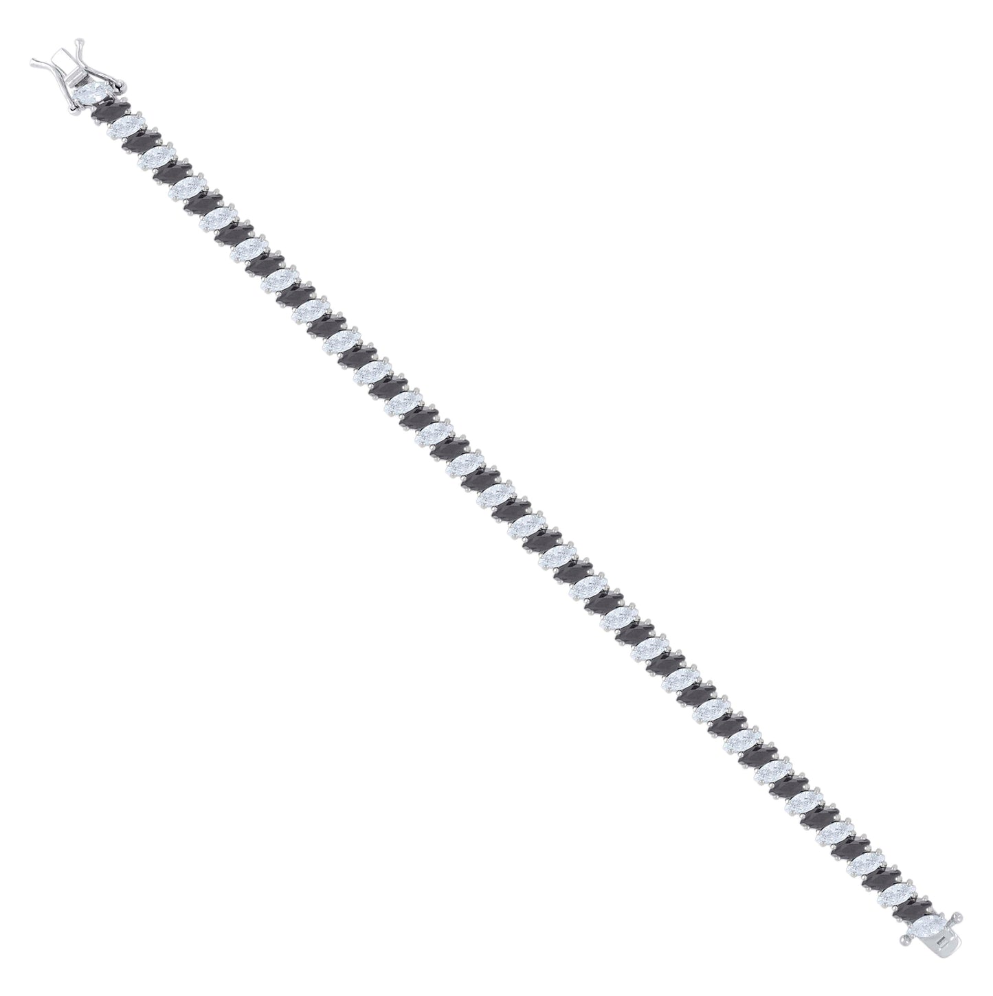 Sterling Silver Womens Black White Marquise Cubic-Zirconia Fashion Link Bracelet 7.25