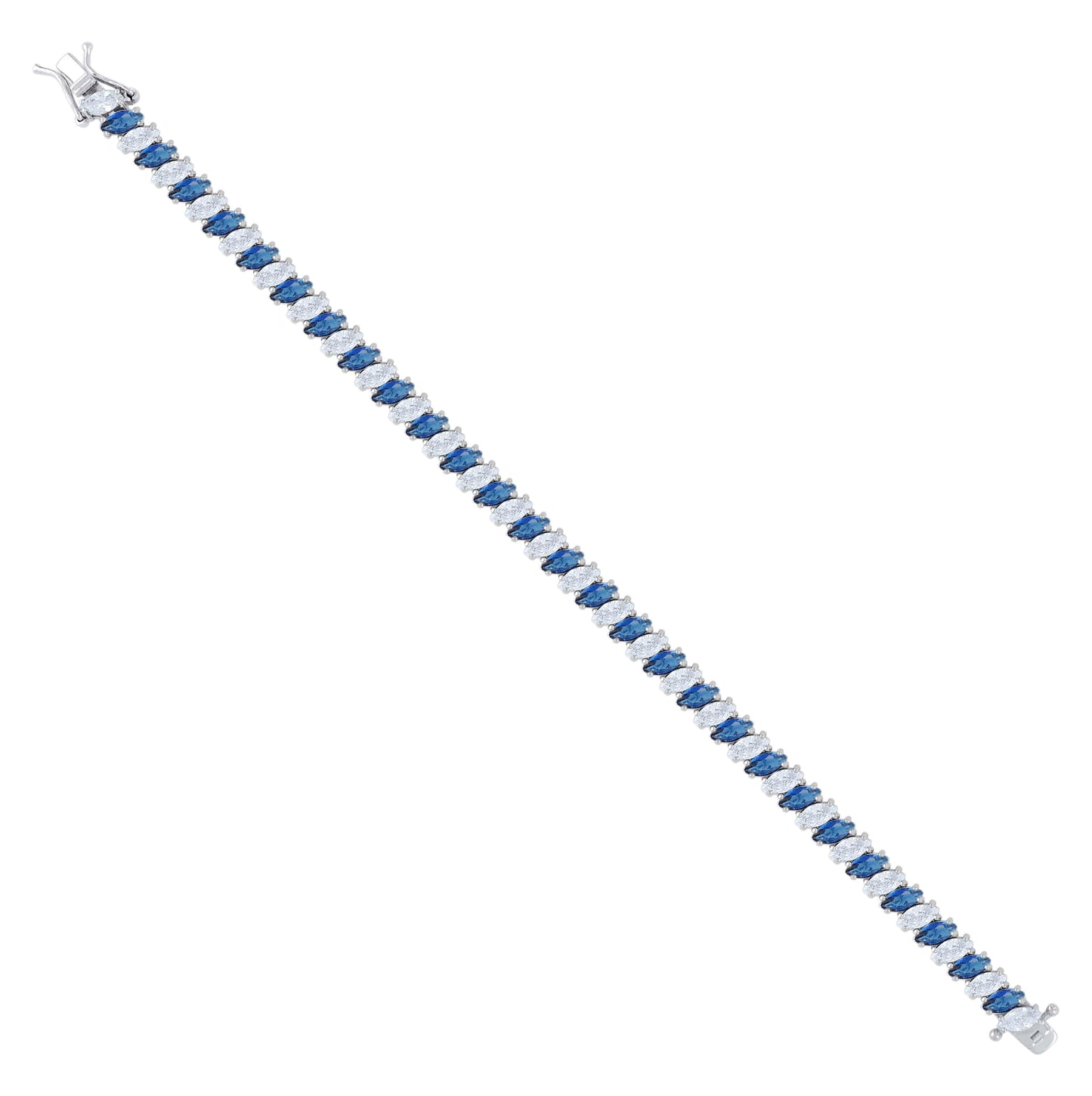 Sterling Silver Womens Blue White Marquise Cubic-Zirconia Fashion Link Bracelet 7.25