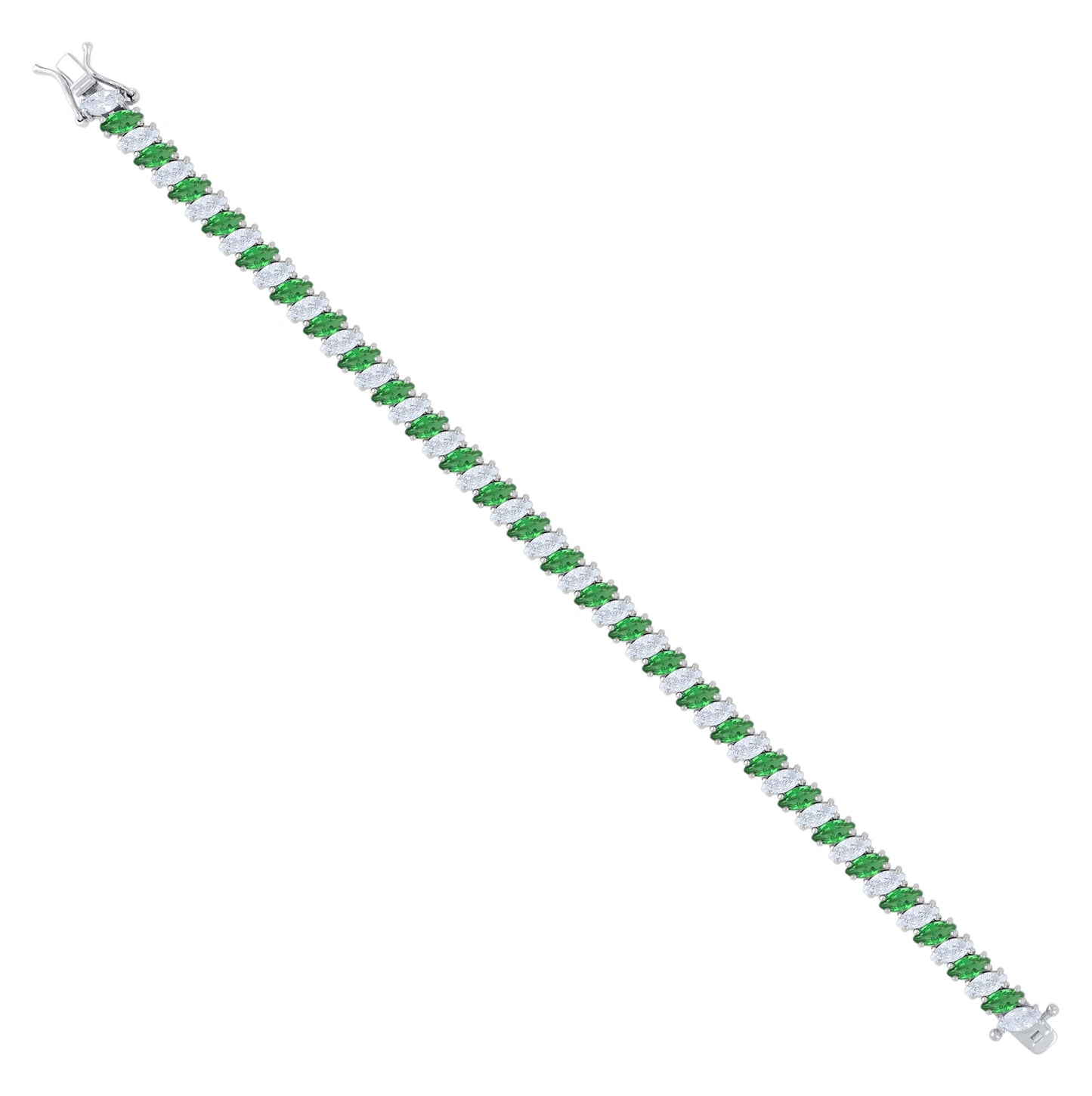 Sterling Silver Womens Green White Marquise Cubic-Zirconia Fashion Link Bracelet 7.25
