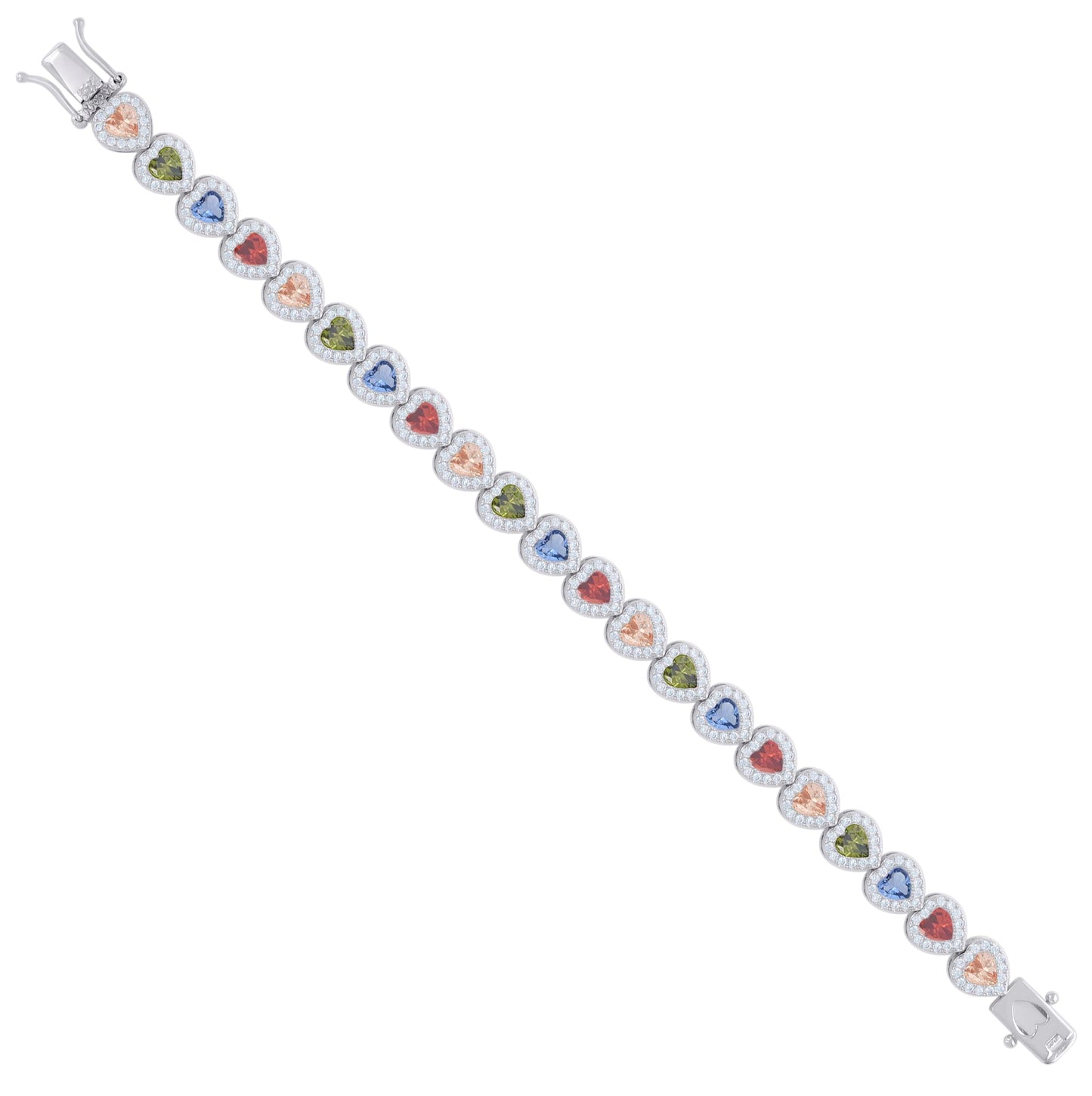 Sterling Silver Womens Multi-Color White Heart Round Cubic-Zirconia Heart Fashion Link Bracelet 7.25