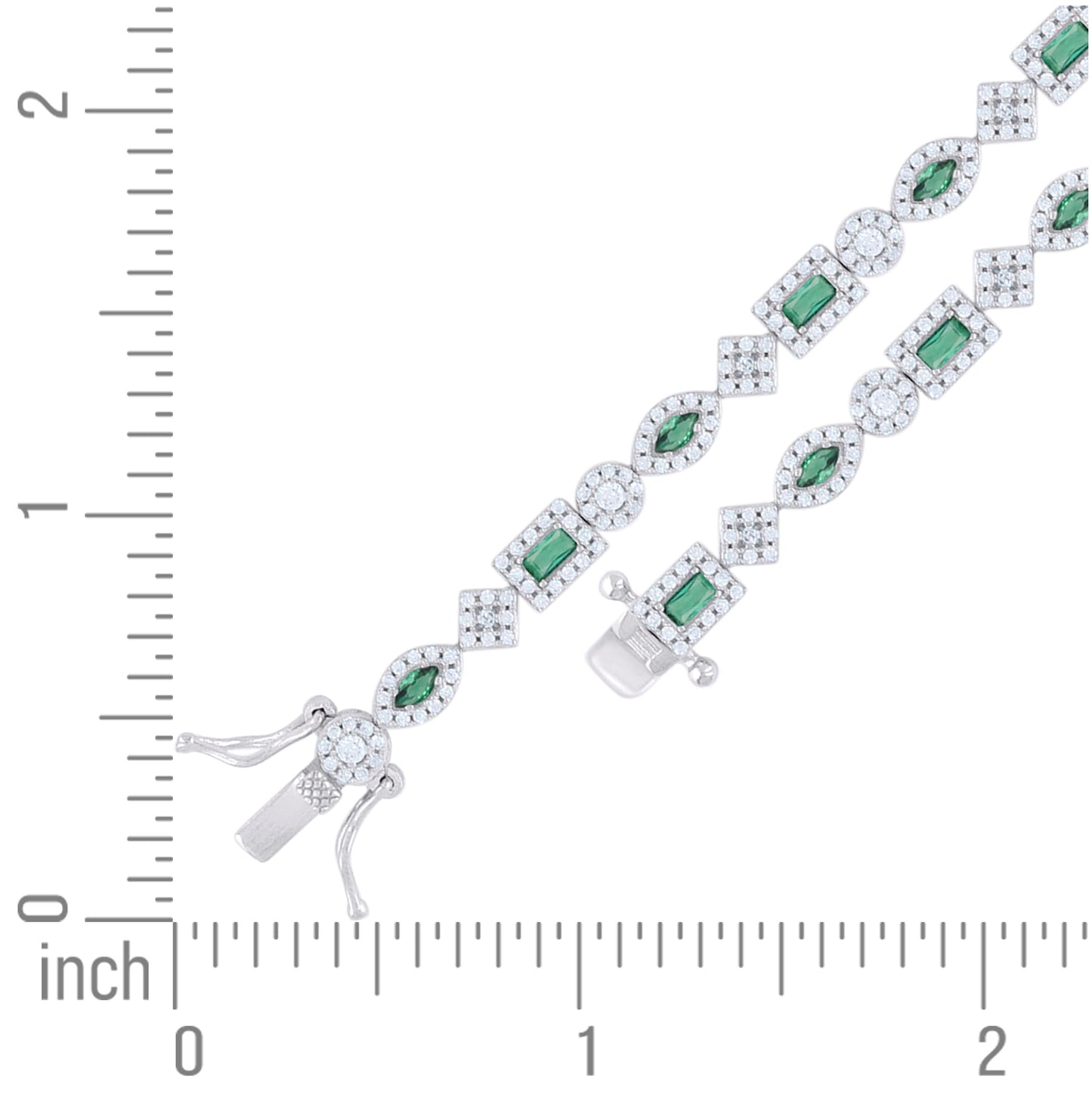 Sterling Silver Womens Green White Baguette/Marquise Round Cubic-Zirconia Fashion Link Bracelet 7