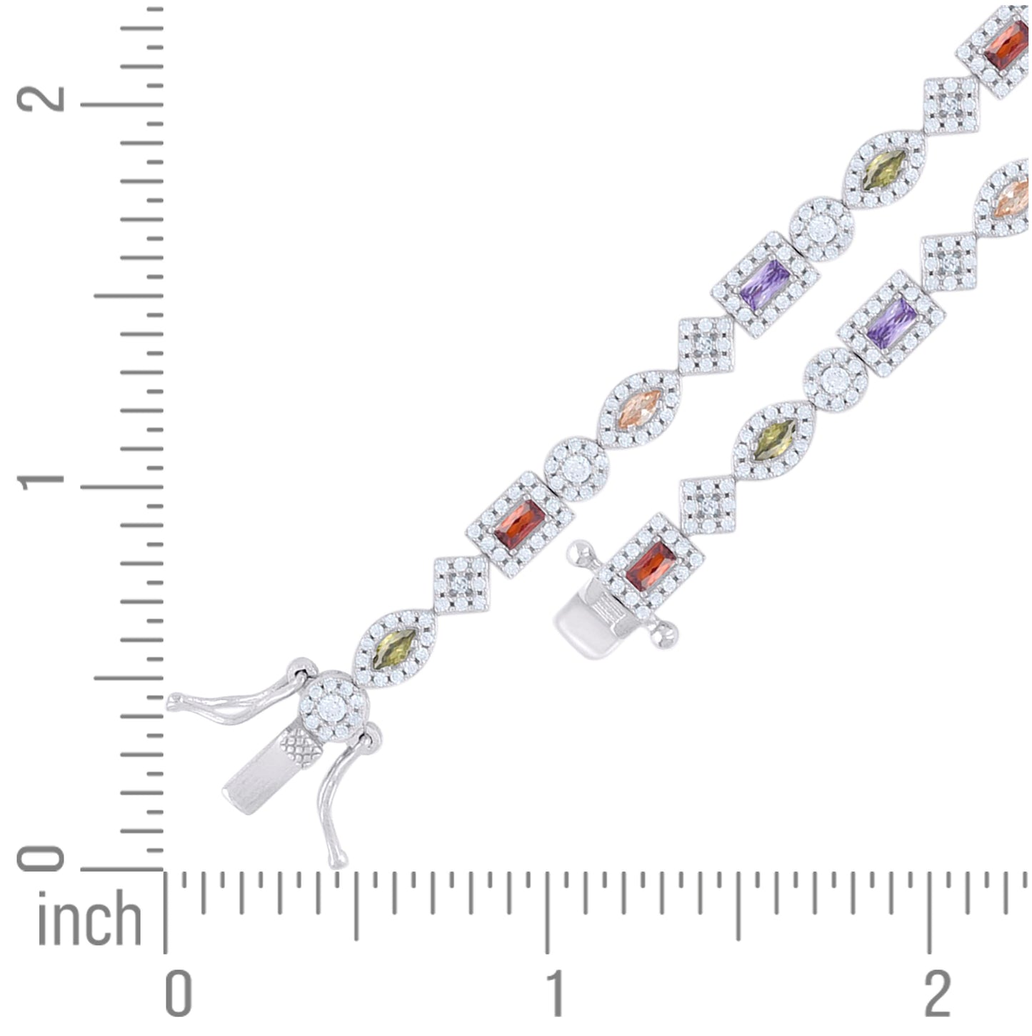 Sterling Silver Womens Multi-Color White Baguette/Marquise Round Cubic-Zirconia Fashion Link Bracelet 7.25